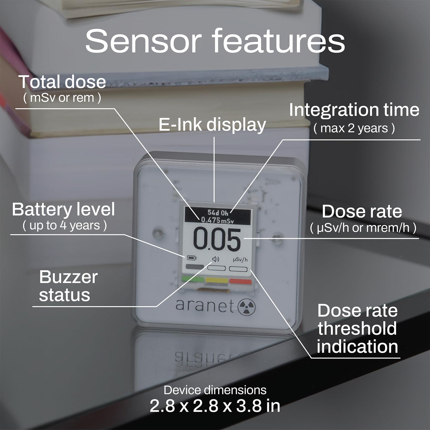 SAF Aranet Radiation Detector, Dosimeter, Portable, Measures Dose Rate & Total Dose of Ionizing Radiation, E-Ink Display, 4-Year Battery Life, Bluetooth Connection, Free App with Graphics & Alarm