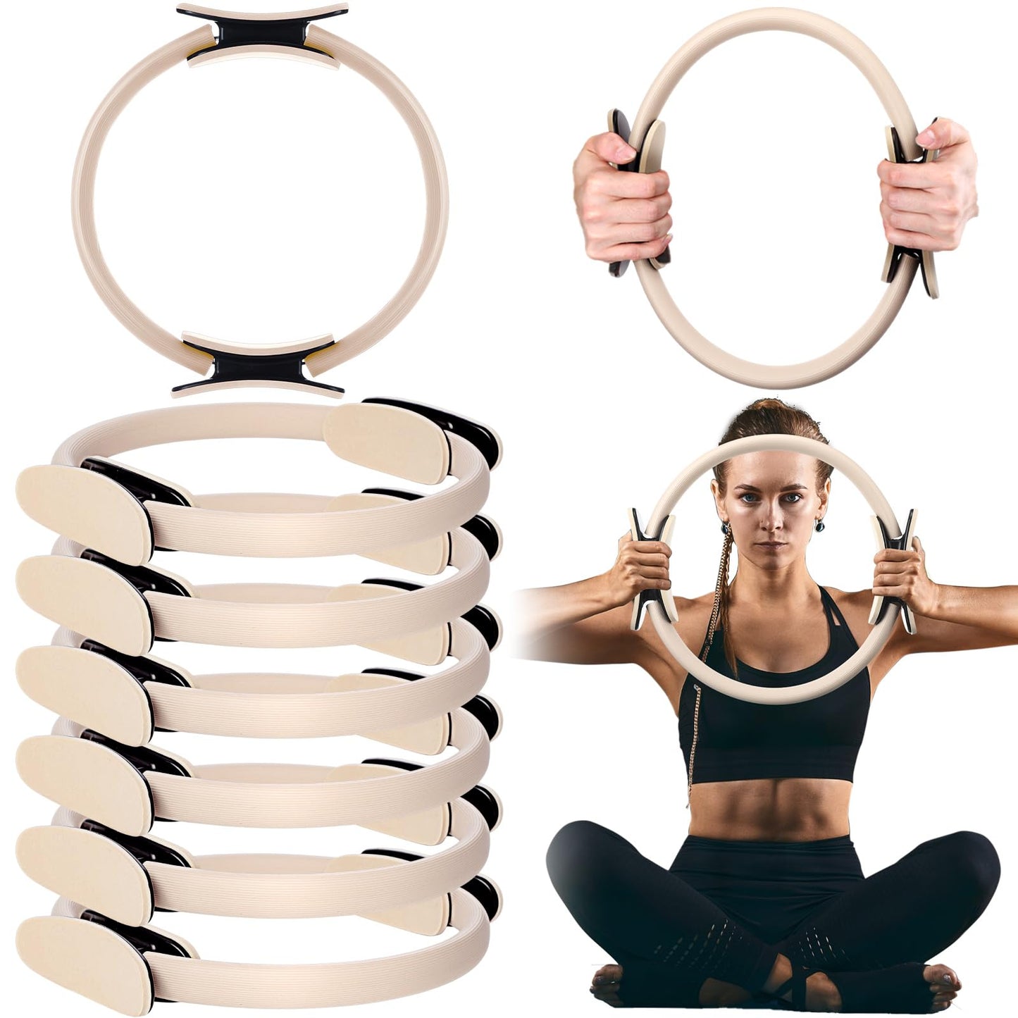 Syhood Pilates Ring 11. 81 Inch Pilates Circle Yoga Ring Magic Lightweight Flexible Workout Equipment for Fitness Physical Therapy Resistance Exercise Arms Legs(Beige,6 Pcs)