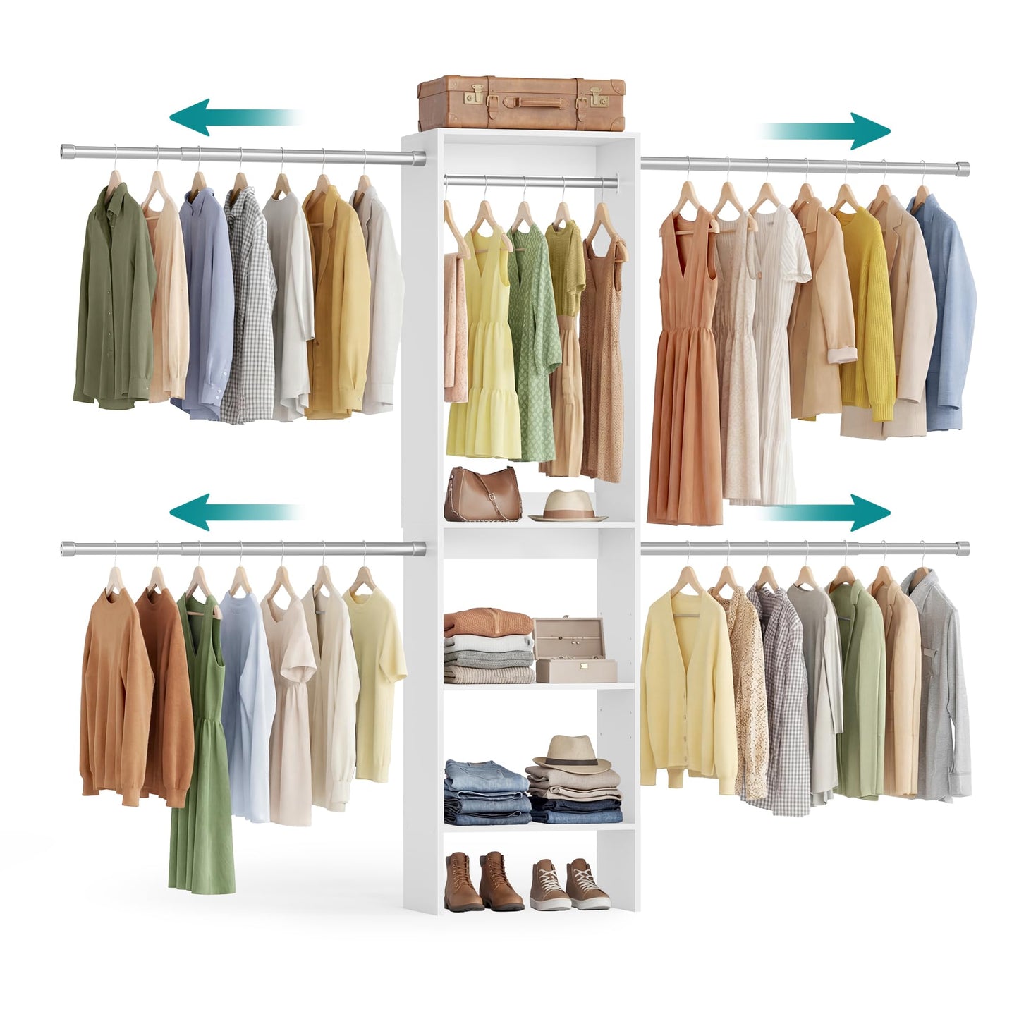 SONGMICS Closet System, Customizable Walk-In Closet Organizer System with Adjustable Hanging Rods and Storage Shelves, White, Fits Spaces 4-9.6 ft URGR040WZ01S