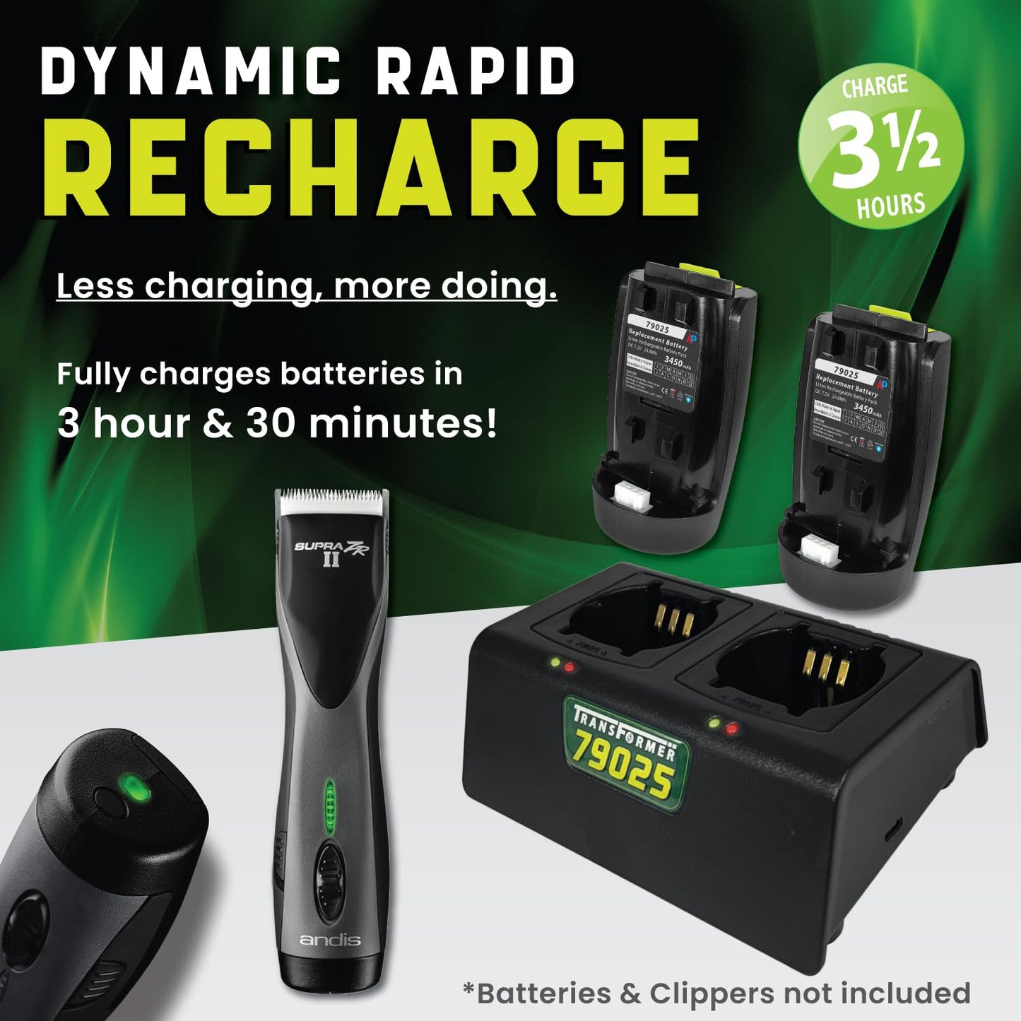 Artisan Power Battery Charger for Two Andis Supra ZR II and Pulse ZR II Clipper Batteries (79025 and DBLC-2) Durable Connectors, LEDs Status and PD Type C Power Supply