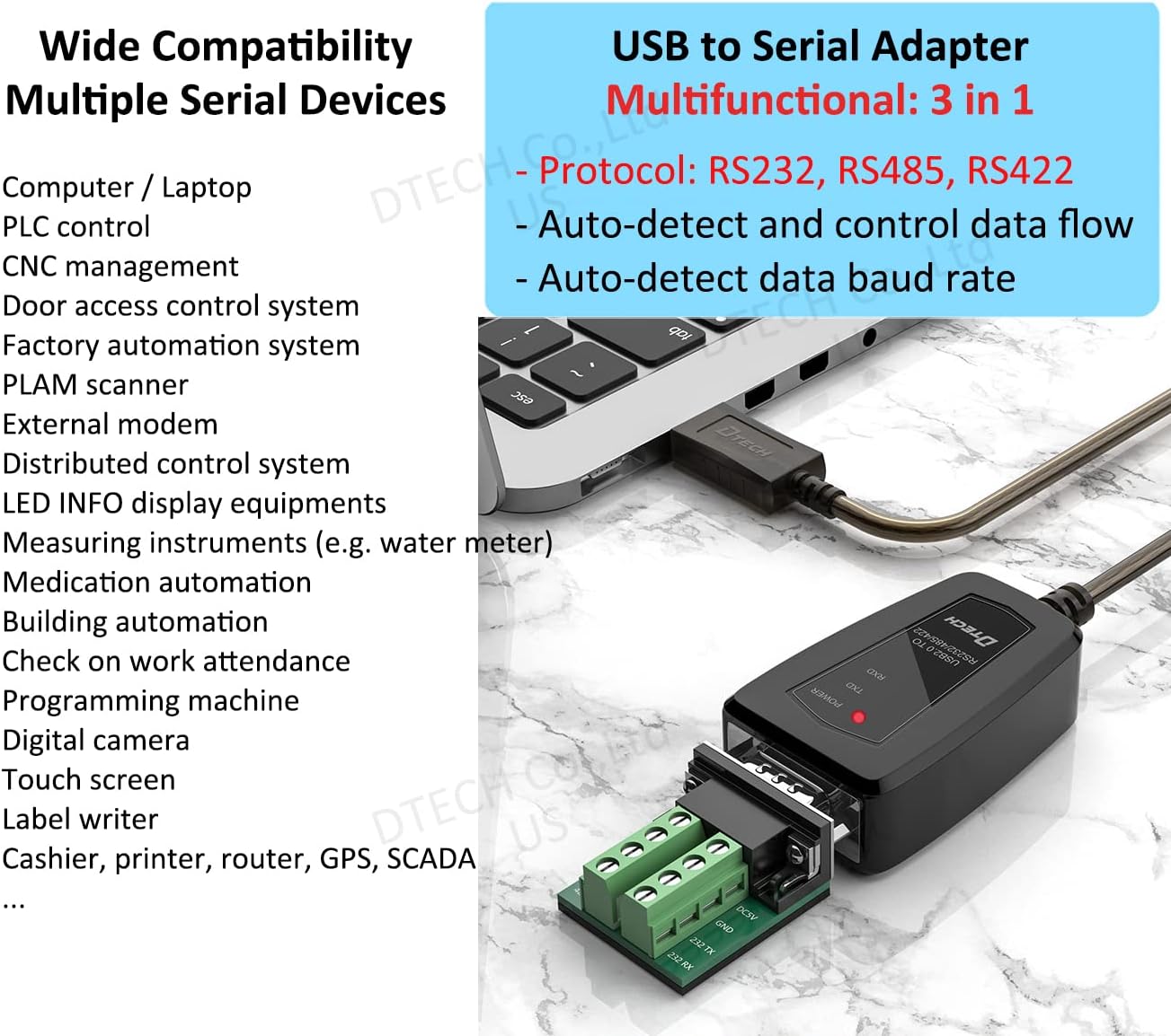 DTECH RS422 RS485 R232 (3 1 5V 11 10 8 7 (1.5ft) USB to Serial Adapter to USB Cable in Interface) Supports DC