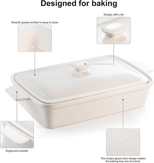 DAFUCERAMIC Casserole Dish - 3.5 Quart Porcelain Baking Dish with Lid | Deep Rectangular Bakeware for Oven & Microwave