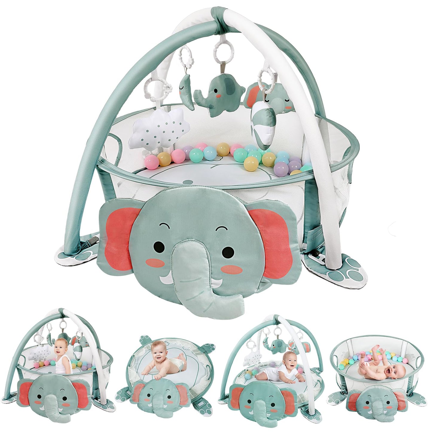 dearlomum 4-in-1 Baby Play Mat Baby Gym,Ball Pit Including 30 Balls for Newborn Toddler Boy & Girl Gifts(Elephant)