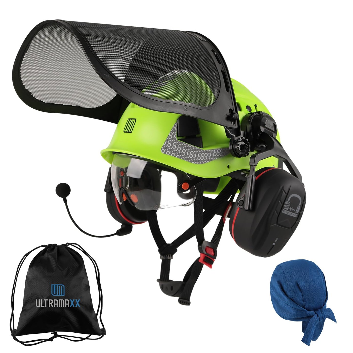UM ULTRAMAXX Forestry Safety Helmet with Built-in Visor, Mesh Face Shield, and Bluetooth Ear Muffs, 5 in 1 Arborist Hard Hat for Chainsaw, Logging, and Garden Work, ANSI Z89.1 Certified, Green