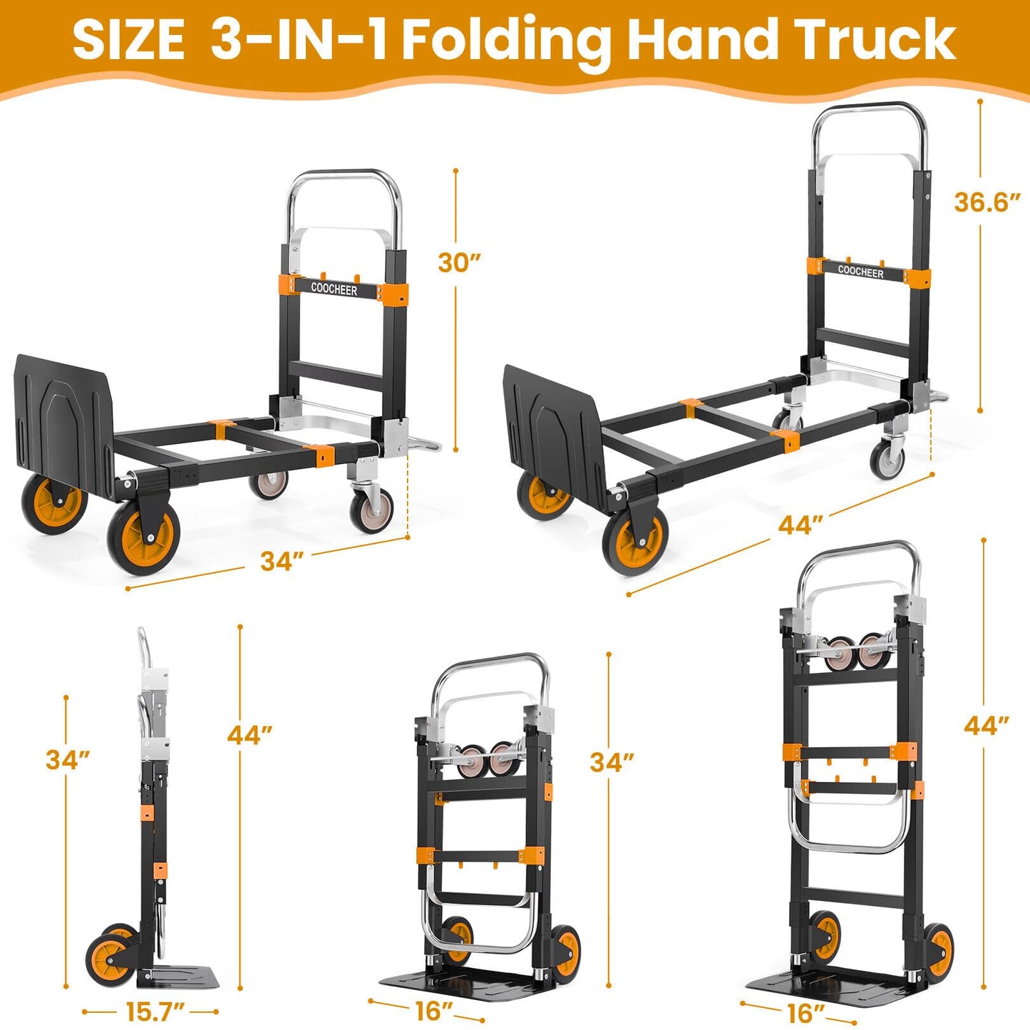 3-in-1 Convertible Heavy Duty Folding Hand Truck Dolly, 600LB Capacity with Rubber& Wheels Telescoping Handles, Portable Collapsible Cart for Warehouse, Supermarket, Office (Orange)