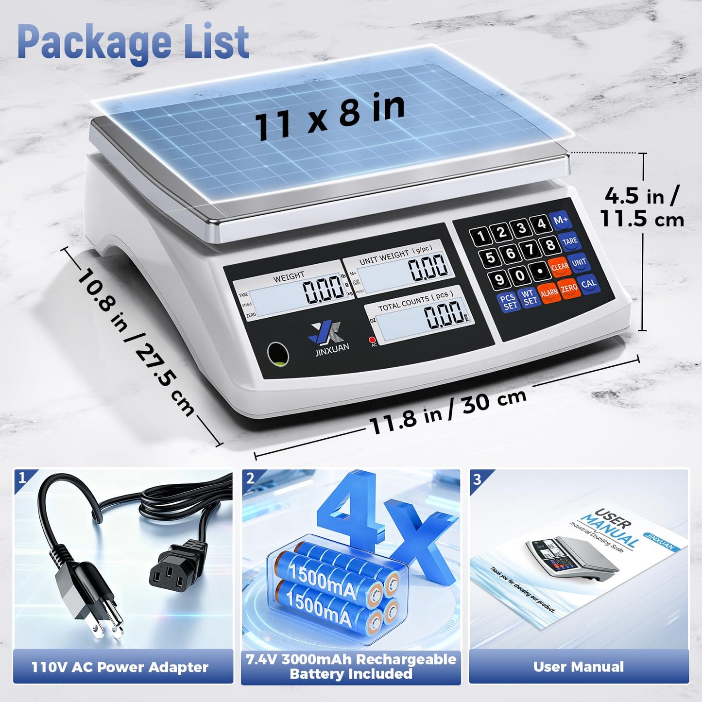 JINXUAN Industrial Counting Scale 30kg/66lb x 0.1g Precision Bench Scale Digital Inventory Counting Weight Scale for Small Parts and Coins, Electronic Gram Scale with Batteries/AC Power, lb/g/kg/oz
