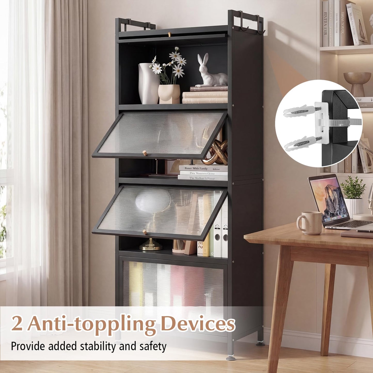 Giantex 5-Tier Kitchen Storage Cabinet, Mobile Microwave Stand with Flip-up PC Doors, Freestanding Kitchen Bakers Rack with 4 Rolling Casters, for Dining Room, Living Room and Study, Black