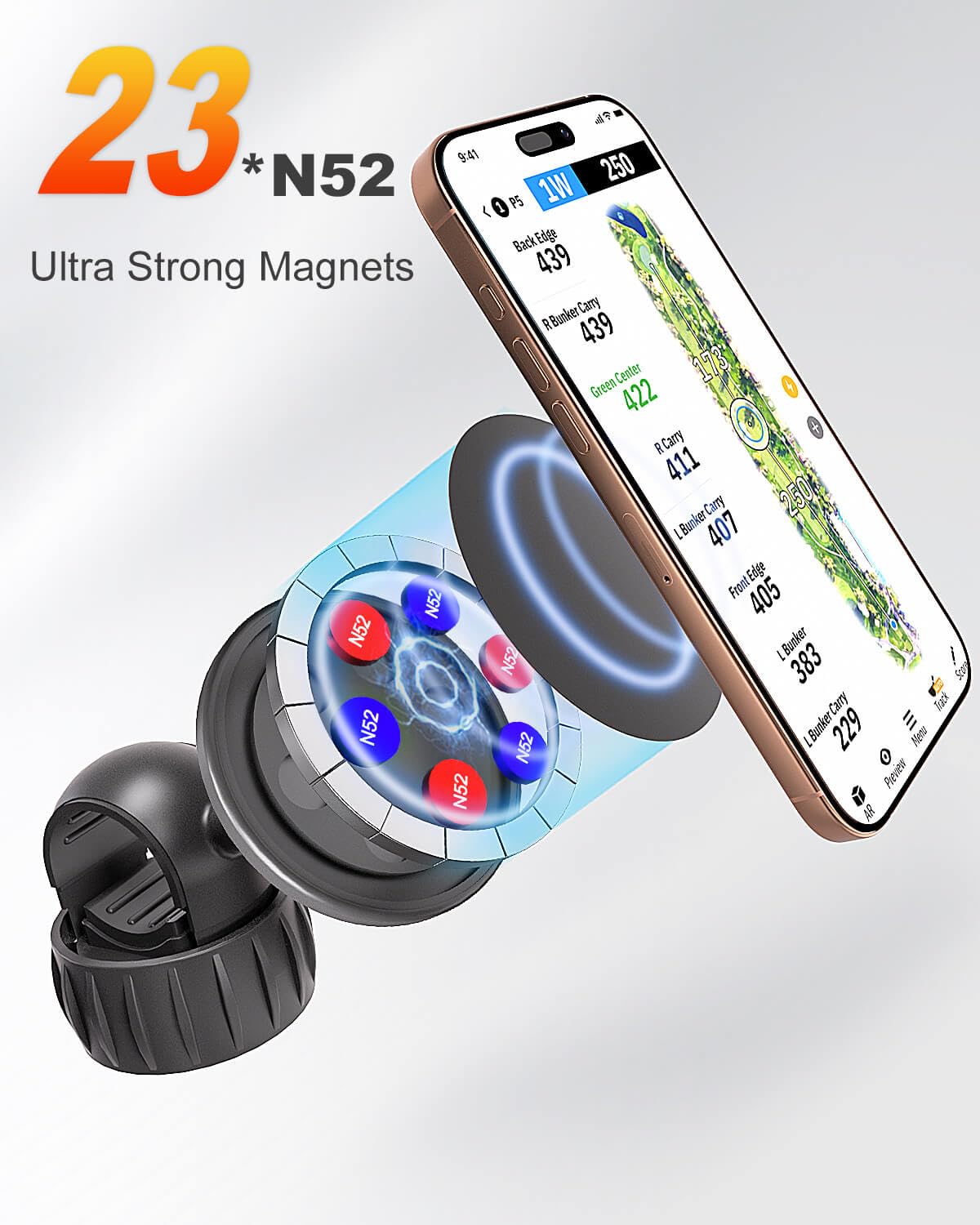 Magnetic Golf Push Cart Phone Holder MagSafe Hands-Free 360° Adjustable with Strong Magnets Phone Mount Compatible with Clicgear, Bag Boy, Sun Mountain, Golf Push Cart Accessories for All Cell Phones