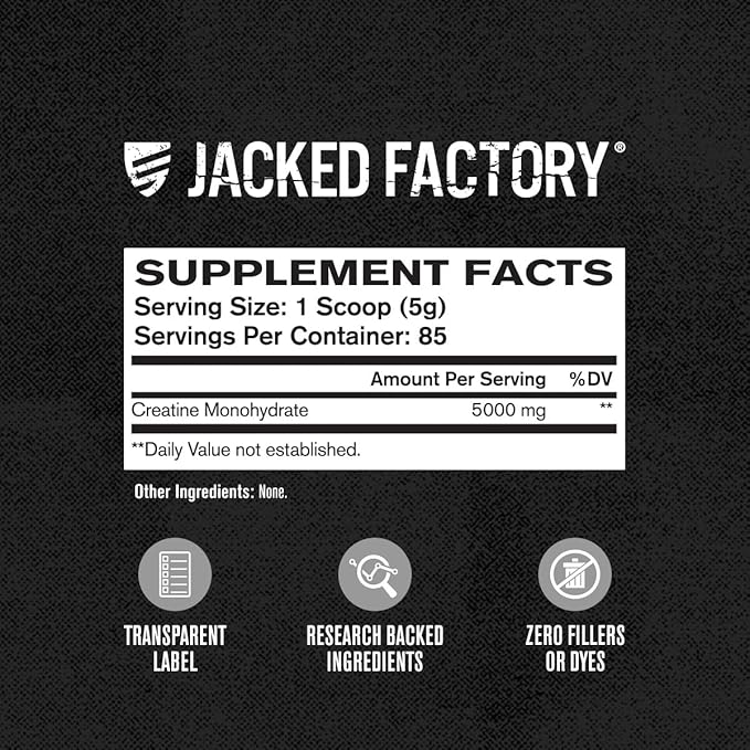 Jacked Factory Creatine Monohydrate Powder 425g - 5g Daily Creatine Supplement for Men and Women, Vegan-Friendly, Third-Party Tested - 85 Servings, Unflavored