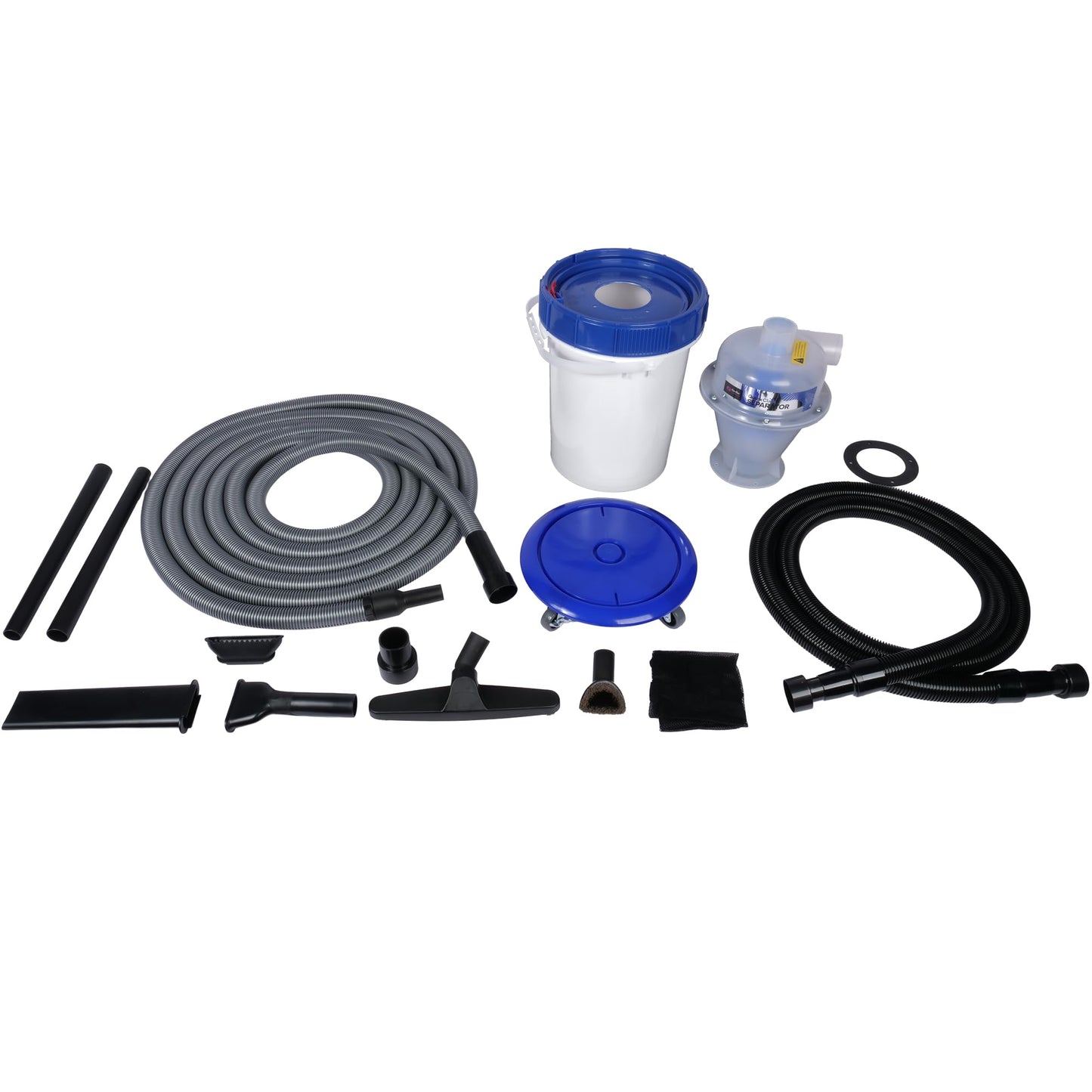 Quick Click Dust Separator with Locking 5 Gallon Collection Bin and Dolly with 30 Ft. Hose Garage Vacuum Attachment Kit for Wet/Dry Vacuums