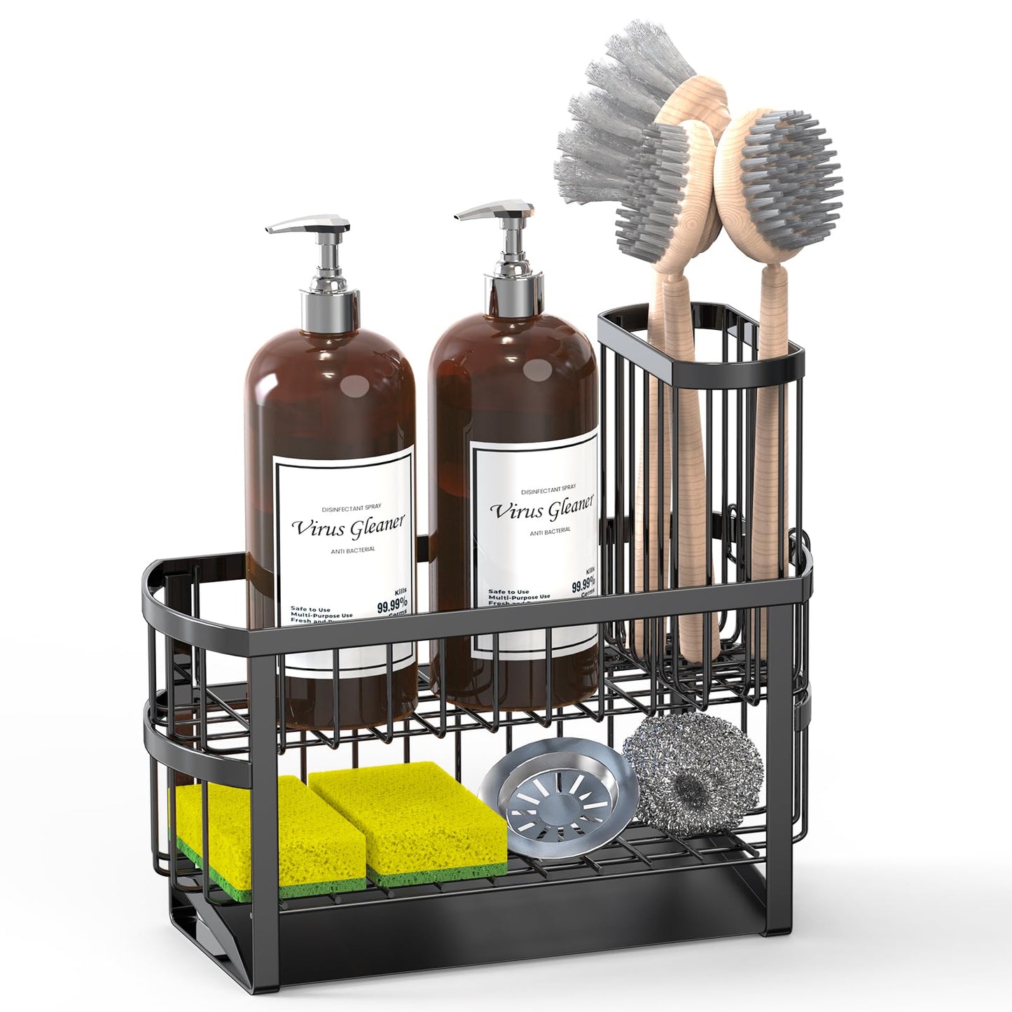 UEFFNR Kitchen Sink Organizer Caddy, 2 Tier Sink Caddy Organizer with High Brush Holder, Rust-Proof Countertop Rack (Black 10.6 * 4.3 * 5.7") for Kitchen Accessories & Dish Brushes