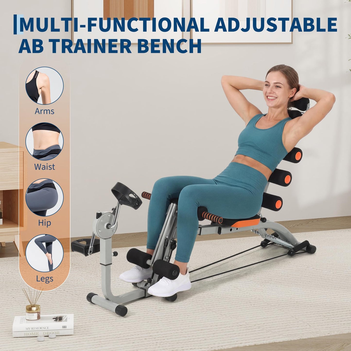 Multifunctional Ab Machine with Pedals, Adjustable Sit Up Bench, Core Workout Bench for Abdominal Training, Foldable Home Gym Fitness Equipment with Ergonomic Back Support, Full Body Exercise