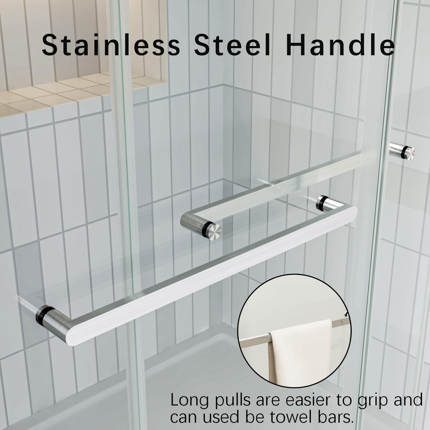FEKEWIO Soft Close Shower Doors 56-60" W x 76" H Double Sliding 3/8"(10mm) Clear Tempered SGCC Shatterproof Glass Frameless Width Adjustable Easy Clean Stainless Steel Hardware, DS13- Brushed Nickel