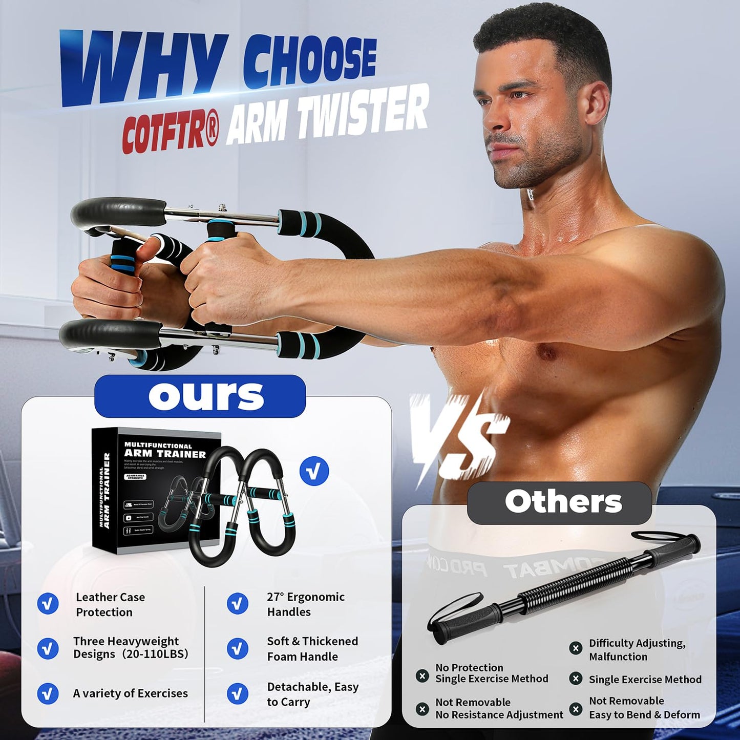 Twister Arm Trainer, Adjustable Chest Workout Equipment for Men & Women, Home Gym Strength Trainer, Muscle Builder & Strength Training for Arms, Chest (Blue, 20-60lb)