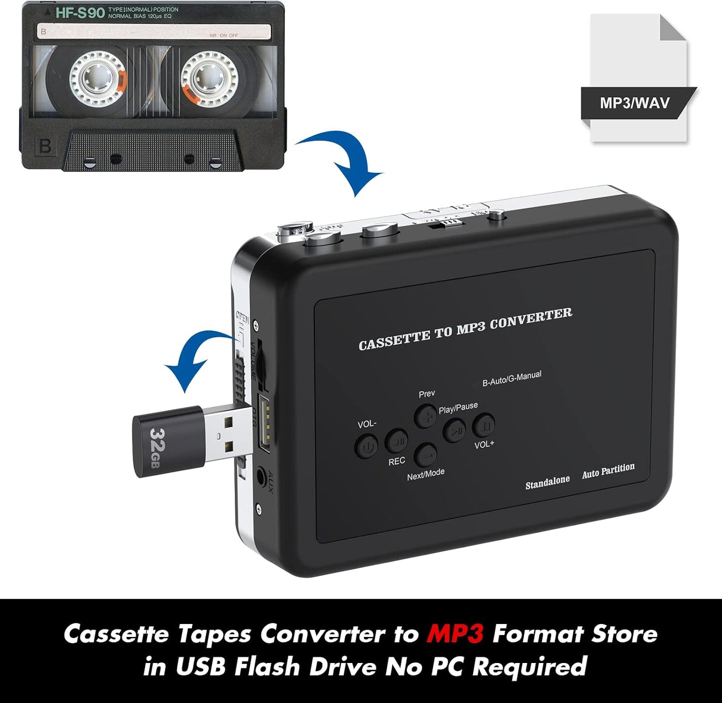 Cassette Cassette MP3 Cassette Portable Player, USB to Converter, Audio Music to Digital Converter with Headphones, No