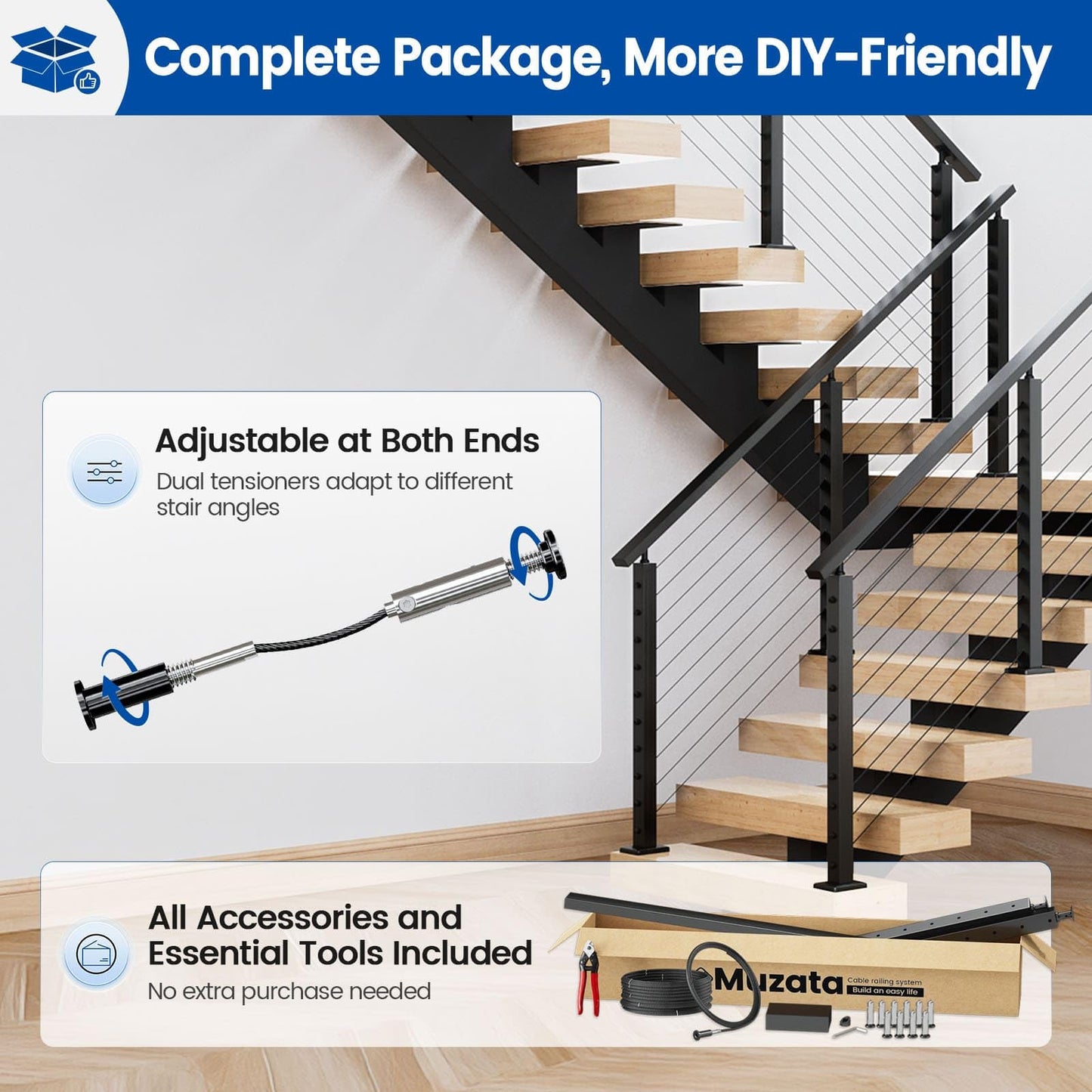 Muzata 2-4ft Black Complete Cable Railing Kit for Stairs Pre-Crimped 36 Inch Cable Railing System with Post Handrail Length Adjustable Easy DIY with User Guide Complete Set RC09