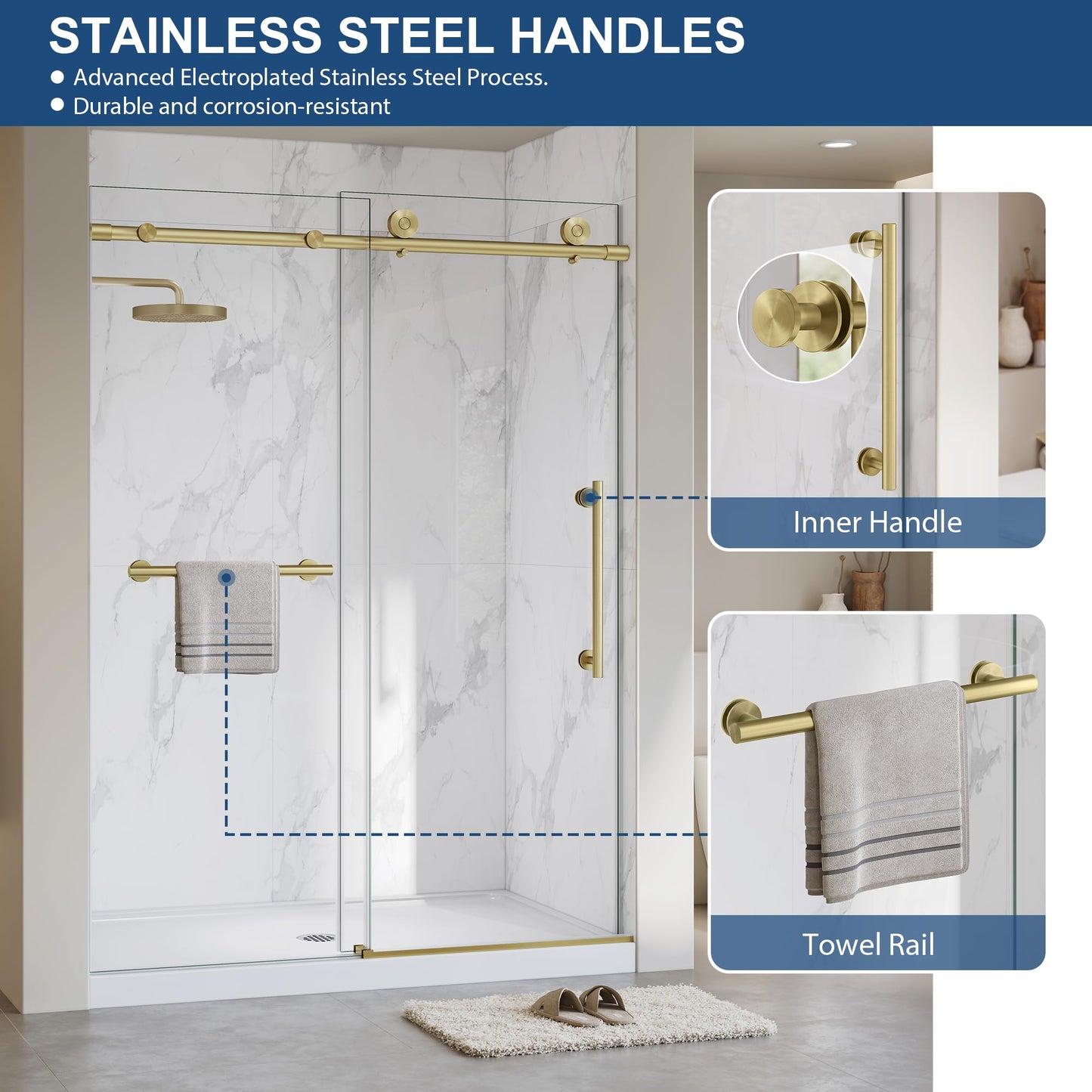 Frameless Shower Door,5/16" (8mm) Glass Sliding Shower Door with Soft-Close & Anti-Leak,Nano Coating Anti-Explosion Film SGCC Tempered Glass 55"-60" X 76"H,Brushed Gold