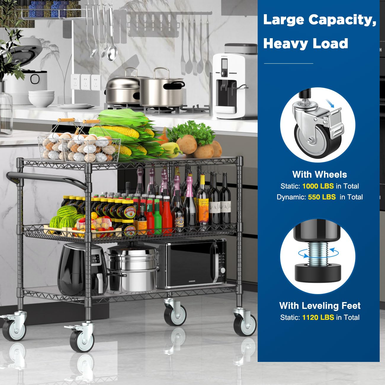Leteuke Heavy Duty Rolling Utility Cart, 45 Inch Kitchen Carts with Wheels, NSF Commercial Grade with Handle & Shelf Liners, 1120LBS Storage Cart for Kitchen,Restaurant,Plant Display-Black