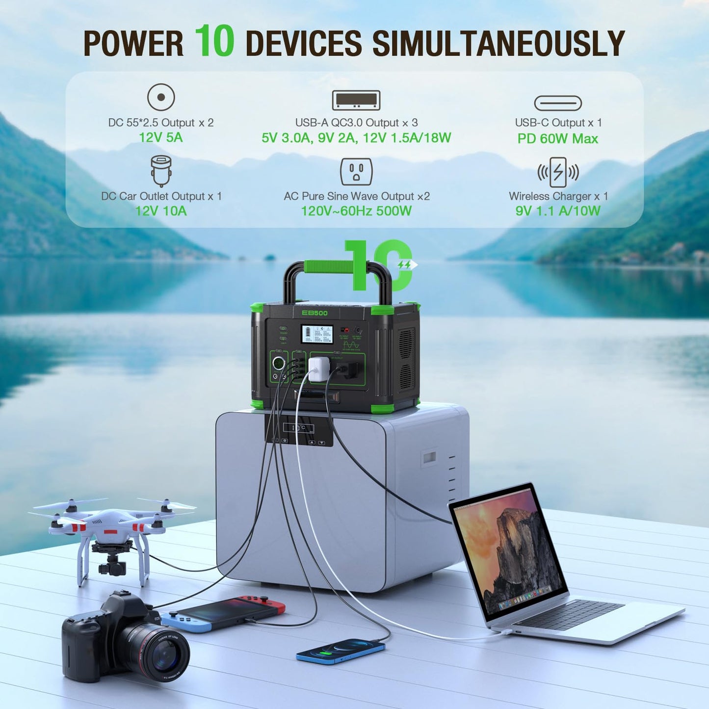 500W Portable Power Station, 519.48Wh Outdoor Solar Generator Backup Battery Pack with 2 AC Outlets, 500W (Peak 1000W) 10-Port Powerhouse for RV/Van Camping Fishing Climbing Road Home Emergency
