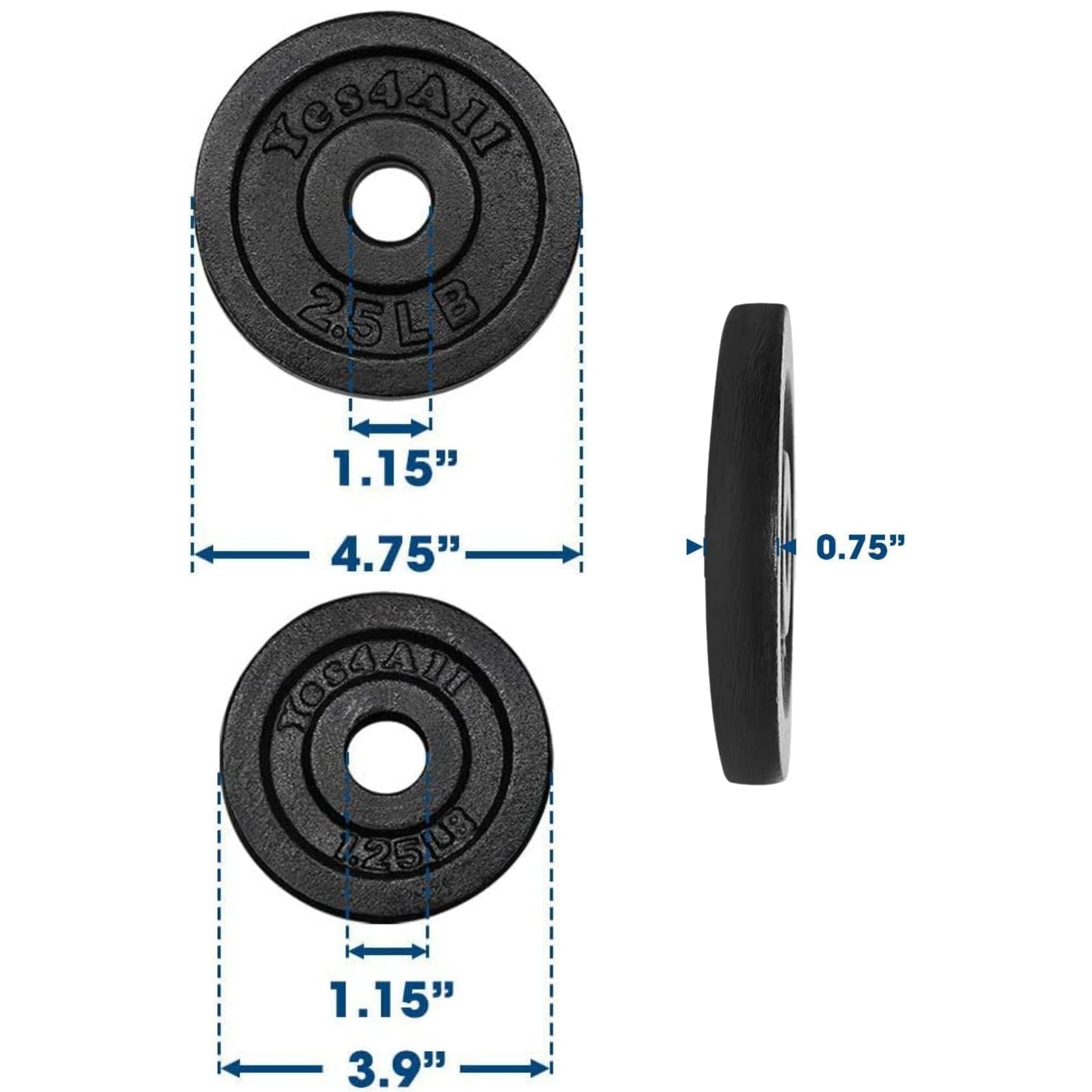 Yes4All 1.15 Inch Cast Iron Weight Plate - Ideal for Dumbbell Handle, Strength Training and Weightlifting (Set) - 2x1.25lb + 2x2.5lb (Set of 4)