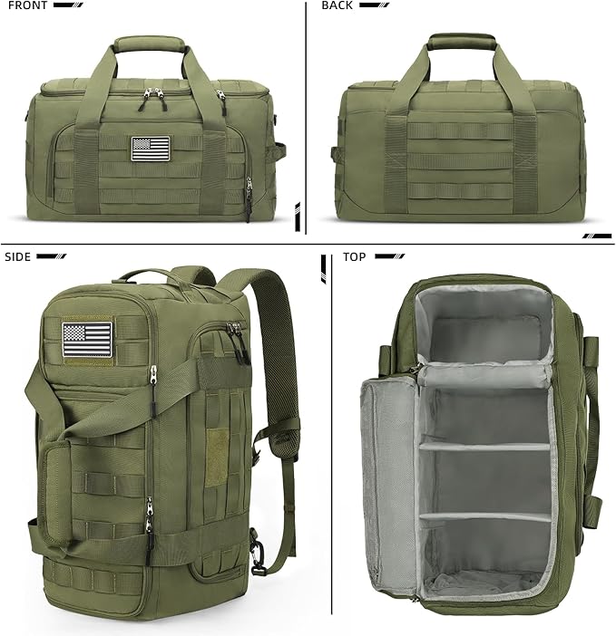 ZOMFELT Tactical Gym Bag for Men, 3-in-1 Travel Duffle Bag with Removable Dividers & Innovative Shoe Compartment, Waterproof MOLLE Travel Backpack, Airplane Carry-On Approved Workout, Outdoor, Green