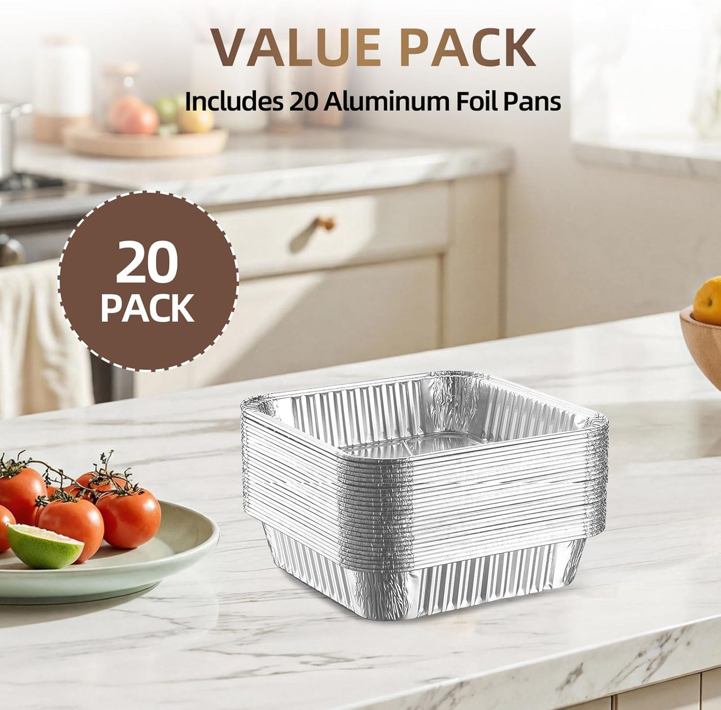 Regine Switzerland 8x8 Square Aluminum Baking Cake Pans - 20 Pack Disposable Foil Pans for Cooking & Storing | 6.5x6.5" Bottom