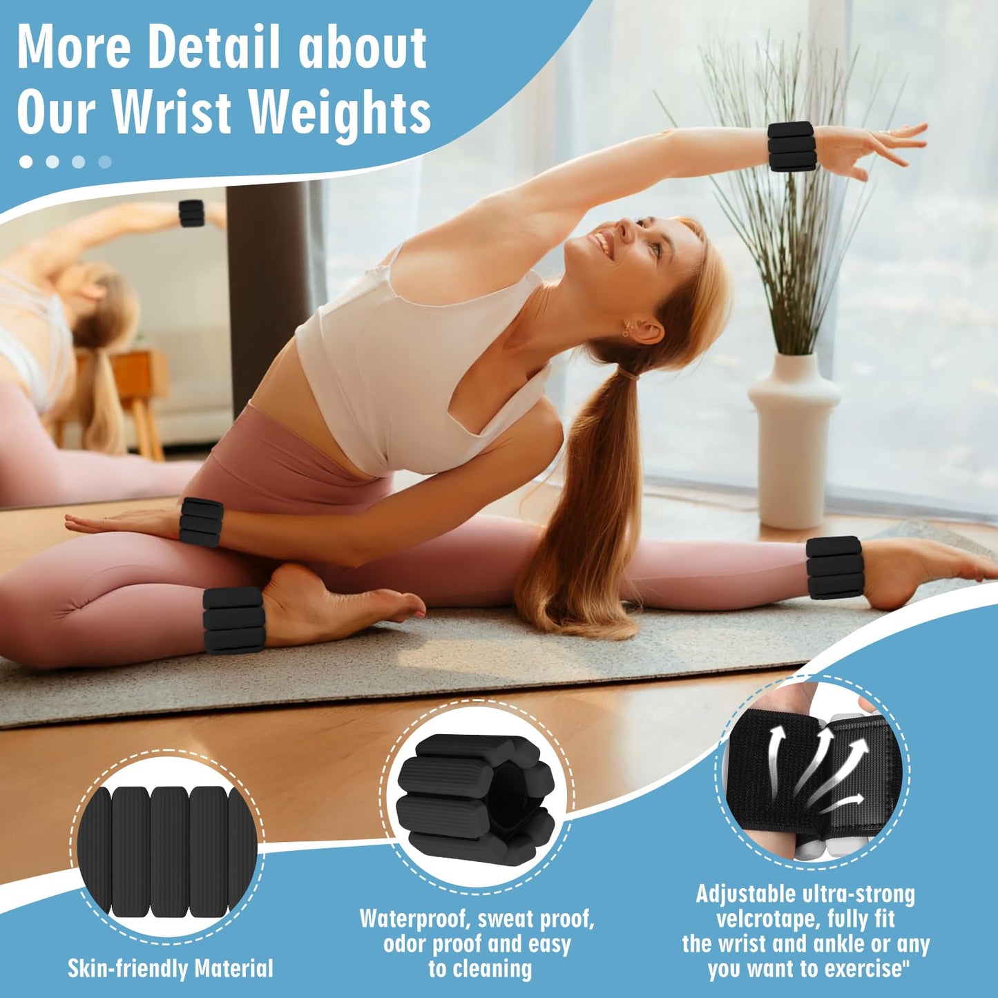 MESUADESI Wrist Weights Set of 2, Wearable Wrist Ankle Weights for Women & Men, Silicone Weighted Bangles Adjustable Arm and Leg Weights for Walking Yoga Pilates Running Dance Gym 2lb（Black）