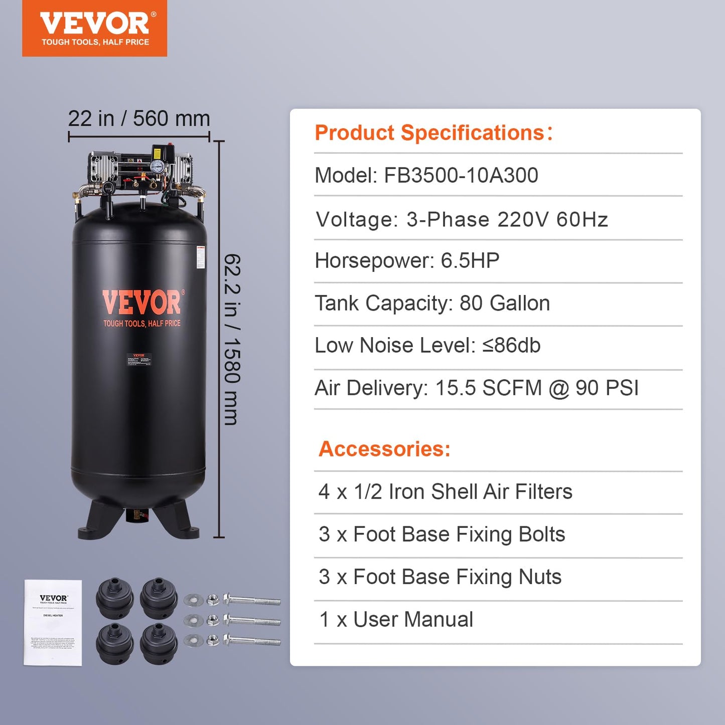 VEVOR 80 Gallons Air Compressor, 6.5HP 15.5SCFM@90 PSI Oil-Free Air Compressor Tank with 145PSI Max Pressure, 86dB Quiet Air Tank for Industrial Manufacturing, Air Brushing, Spraying (3-Phase Power)