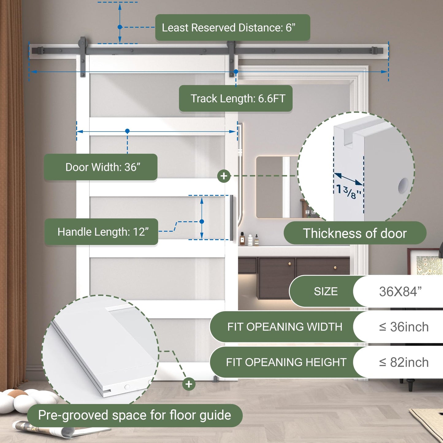 OHTOMO 36 in x 84 in Sliding Barn Door, 5-Lite Frosted Glass Door with 6.6FT Hardware Kit, Floor Guide Included, Waterproof PVC Surface, Pre-Drilled Holes, Need Assembly for Bathroom Kitchen White