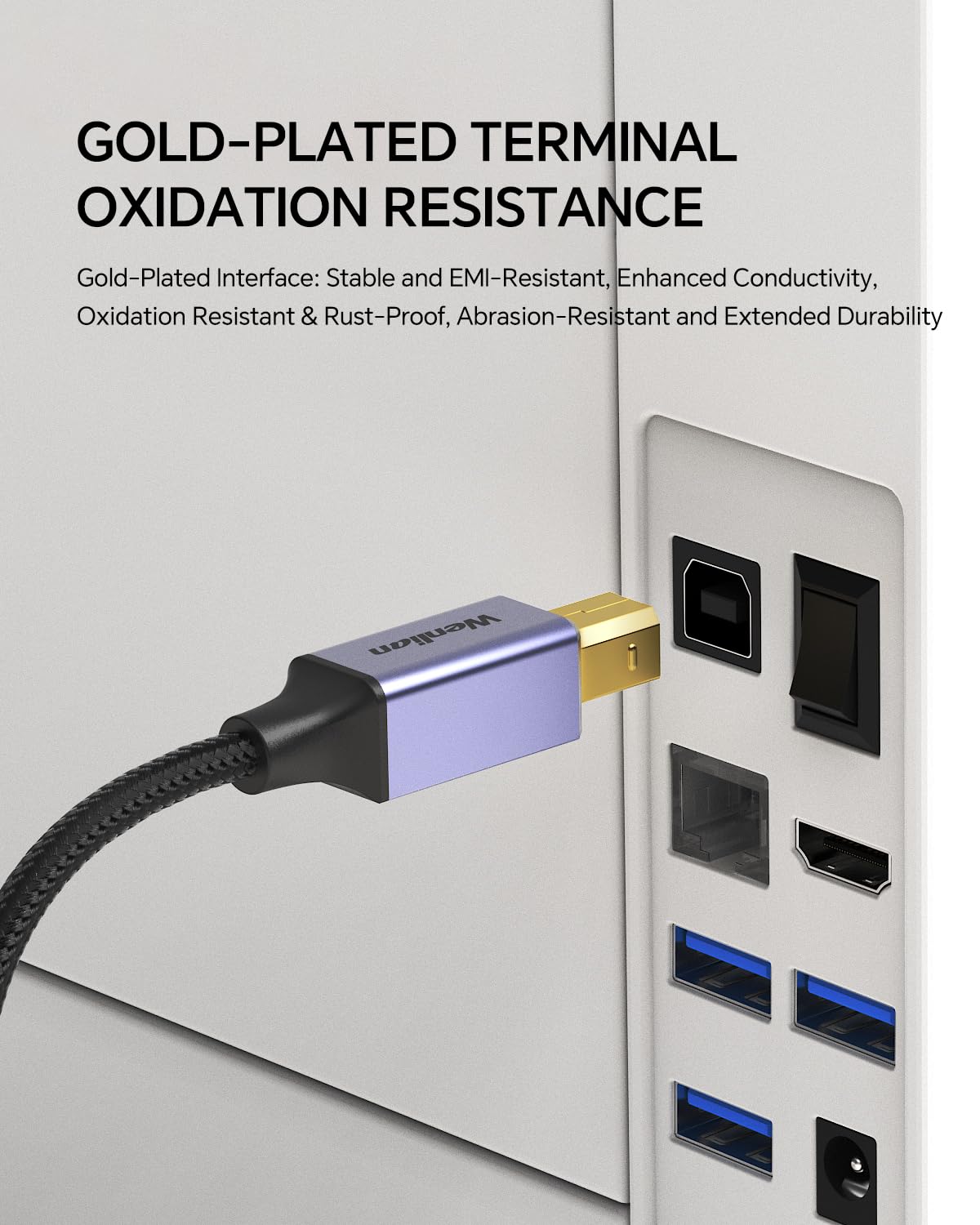 10ft 2.0 USB Printer Cable, USB A to B Cable with Ferrite Bead, Gold-Plated Connector, Nylon Braided Cord Compatible