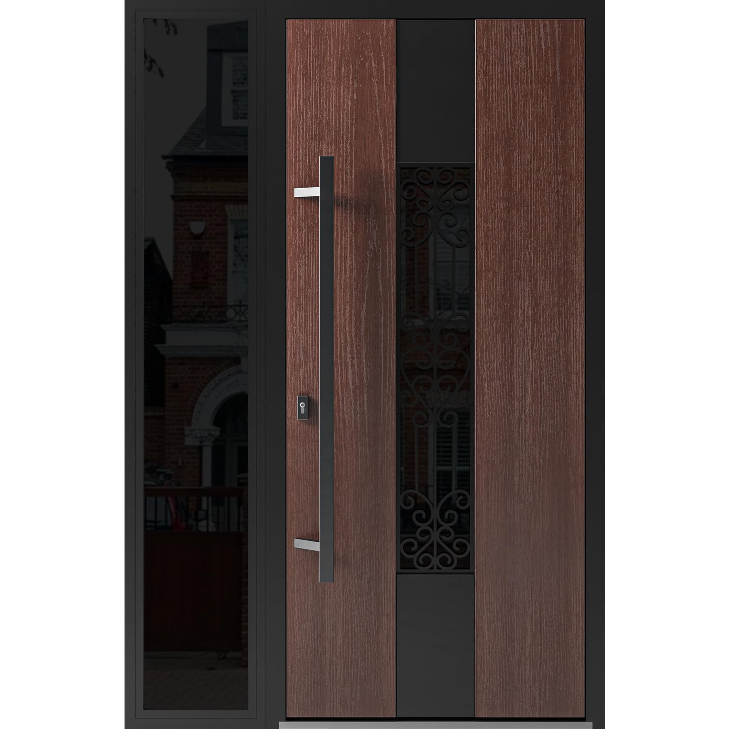 VDOMDOORS Front Exterior Prehung Steel Door/Ronex 1205 Bronze Oak/Side Exterior Window Sidelite/Entry Metal Modern Painted W36+14" x H80 Right Hand Inswing