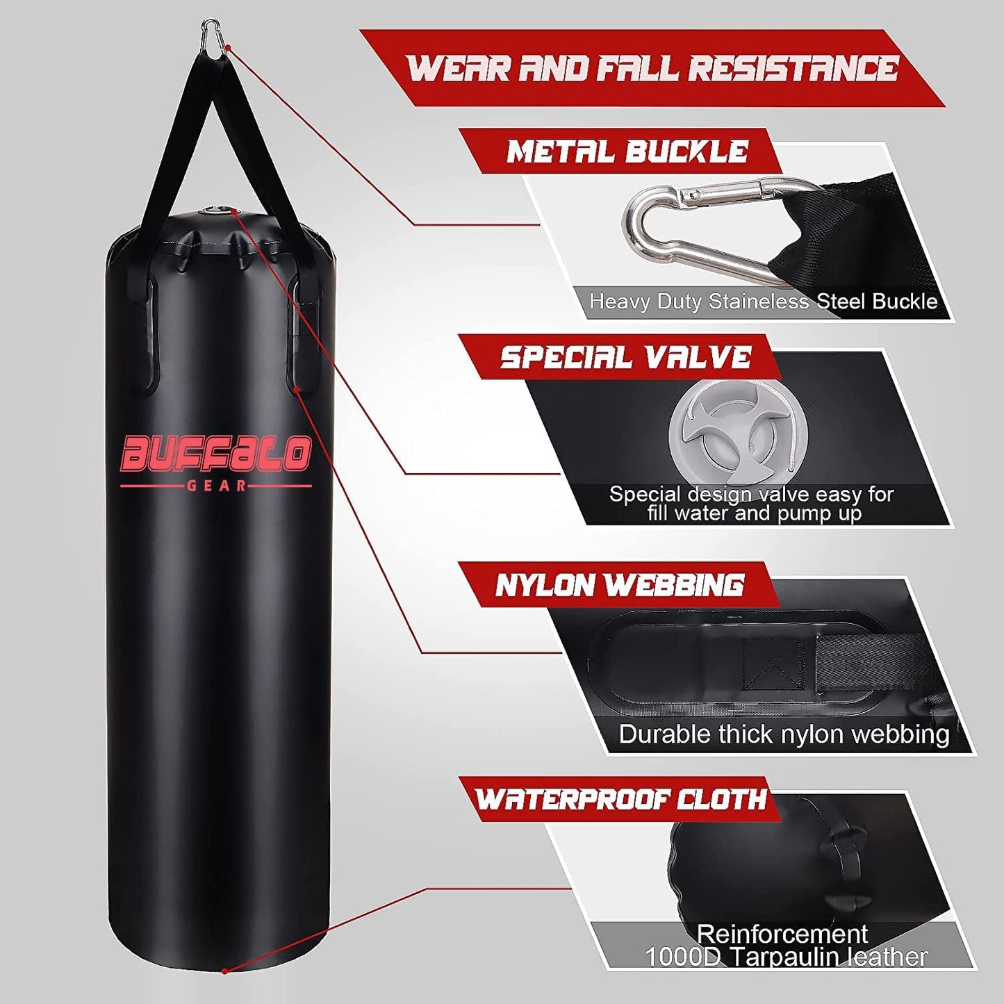 Buffalo Gear Water Punching Bag for Adults, 225LB Adjustable Durable Heavy Punching Bag for Kickboxing Boxing Gym Home Training