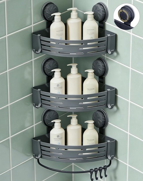 LOOCH 3 Pack Plastic Corner Shower Caddy with Twist-Lock Suction Cups & a Pre-Applied Adhesive Layer, The No-Drill Shower Organizer with Towel Bar & Drain Holes for Bathroom Storage & Decor（Grey）