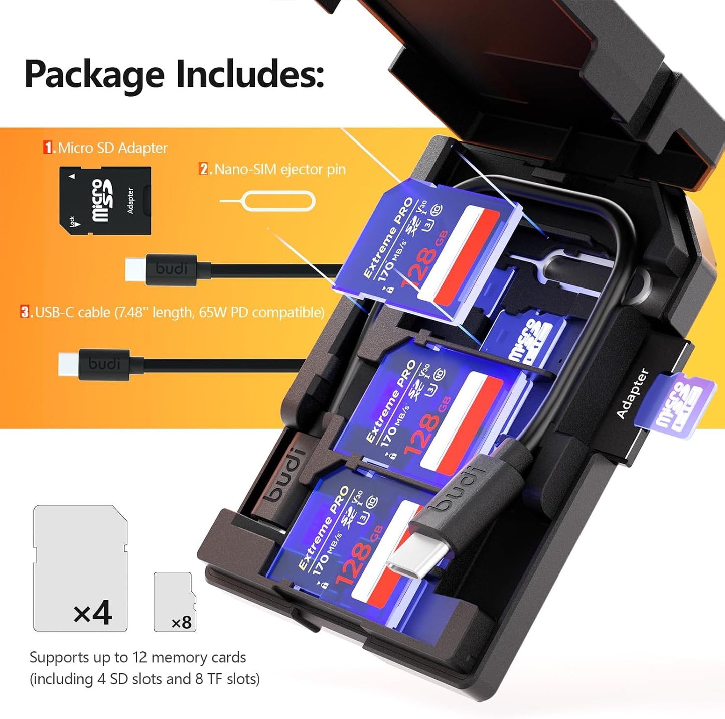 BUDI 8 16/15/14/13/12/11/Pro Micro SD Memory Card Reader with Slots TF-Styled Memory Card Storage Case Supports USB