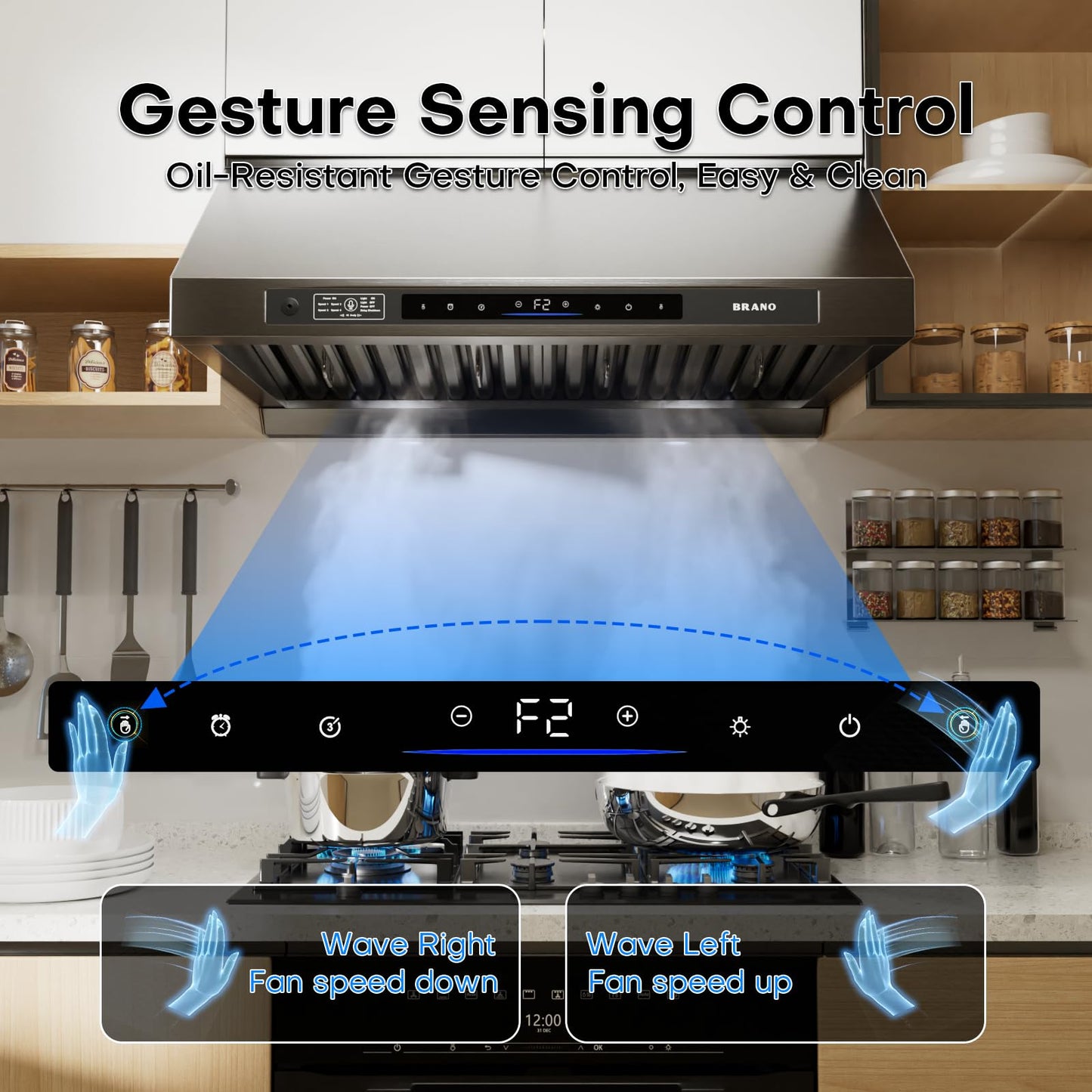 BRANO 30inch Under Cabinet Range Hood with 1200 CFM Power, Stainless Steel Ducted Vent Hood with Voice & Gesture Control, PVD Titanium Plated Finish, 6 Speed, DC Motor(30inch)