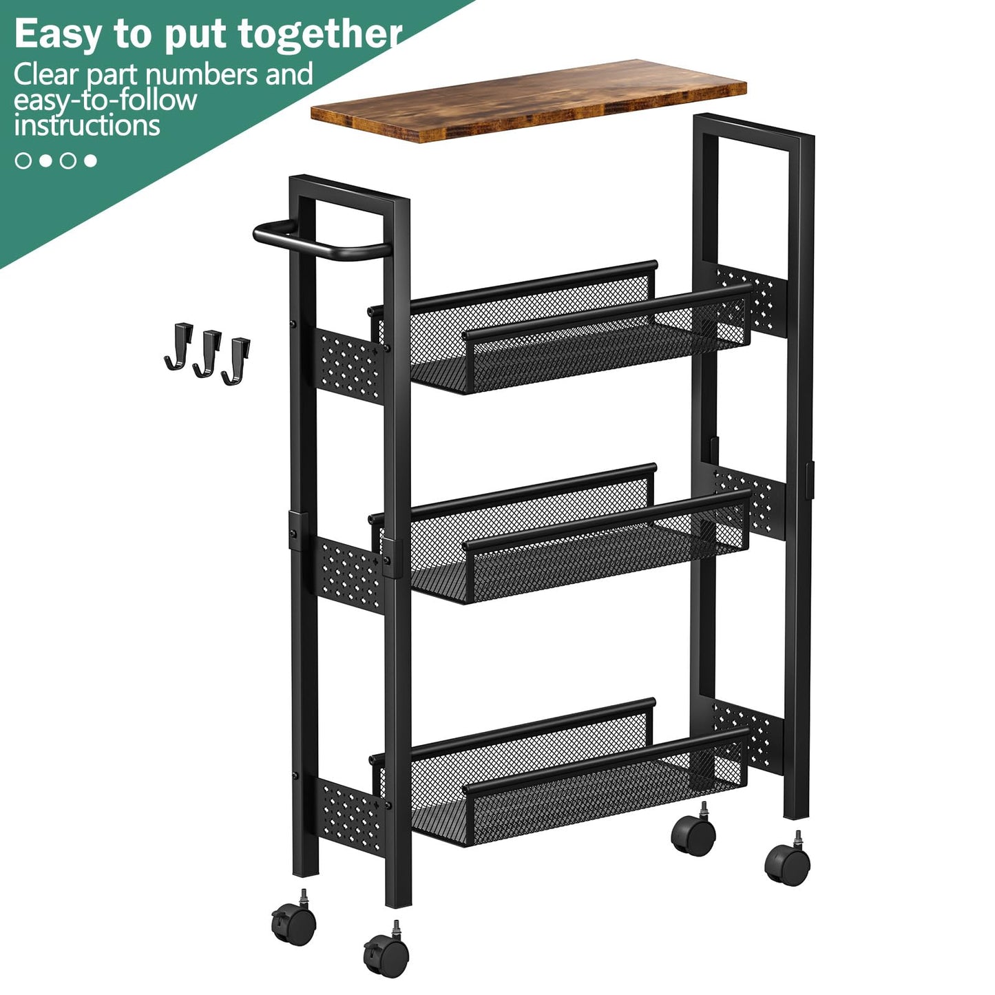Vivihomety Utility Slim Storage Cart with Wheels, 4 Tier Small Rolling Cart with Wood Top, Metal Kitchen Bathroom Laundry Room Organization Trolley with Handle for Narrow Space – Black
