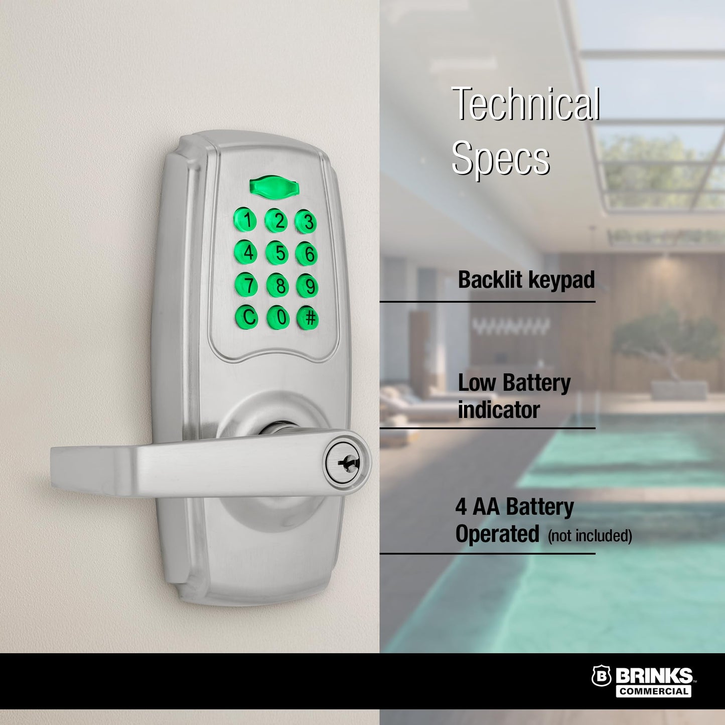 BRINKS ANSI Grade 2 Keypad Door Lock with Handle for Commercial & Residential Use, Keyless Entry Door Lock, 99 User Codes, Auto-Relock, Battery with Backup Keyway (Satin Nickel)