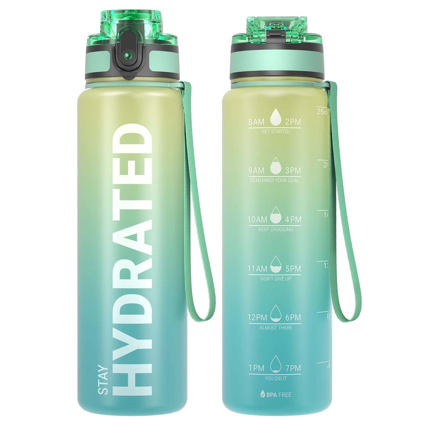 Sahara Sailor Water Bottle, 32/25/17oz Durable and Leakproof Water Bottles Motivational with Time Marker, Tritan, BPA Free, Wide Mouth with Easy Clean Brush for Gym, Travel, School, Office (1 Bottle)
