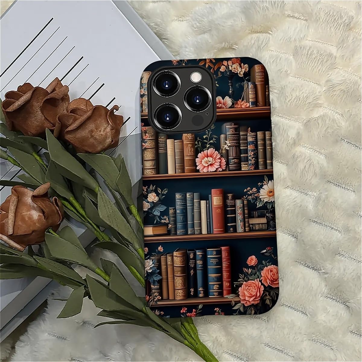 Akinmi 16 16 Case for iPhone Pro Max,Flower Bookshelf Exquisitely Pattern Double Protective Phone Cover Cases Soft