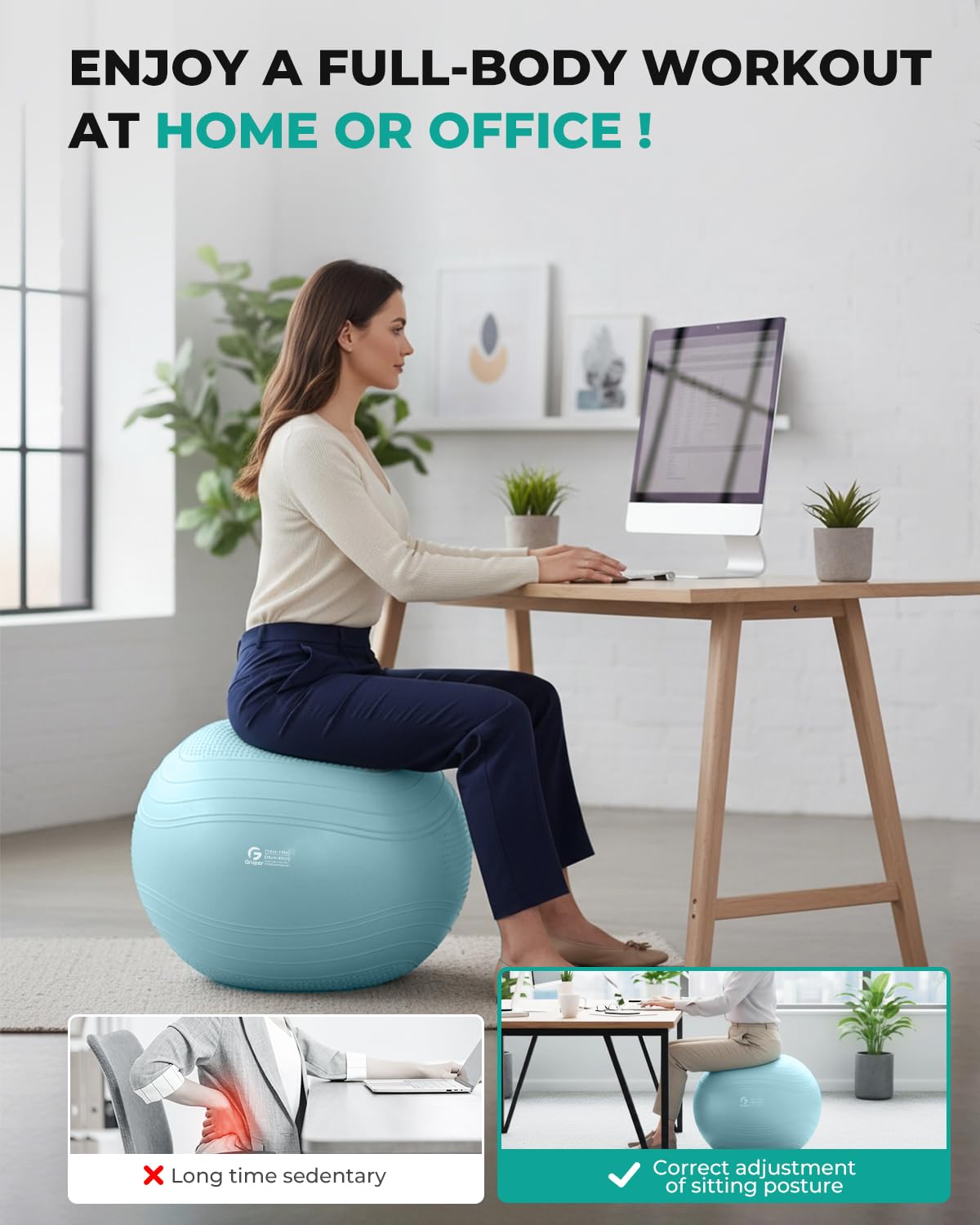 Gruper Yoga Ball, Extra Thick Exercise Ball for Workout Pregnancy Stability - 4 Sizes Anti Burst Balance Ball for Yoga, Pilates, Fitness, Birthing, Physical Therapy - Includes Pump