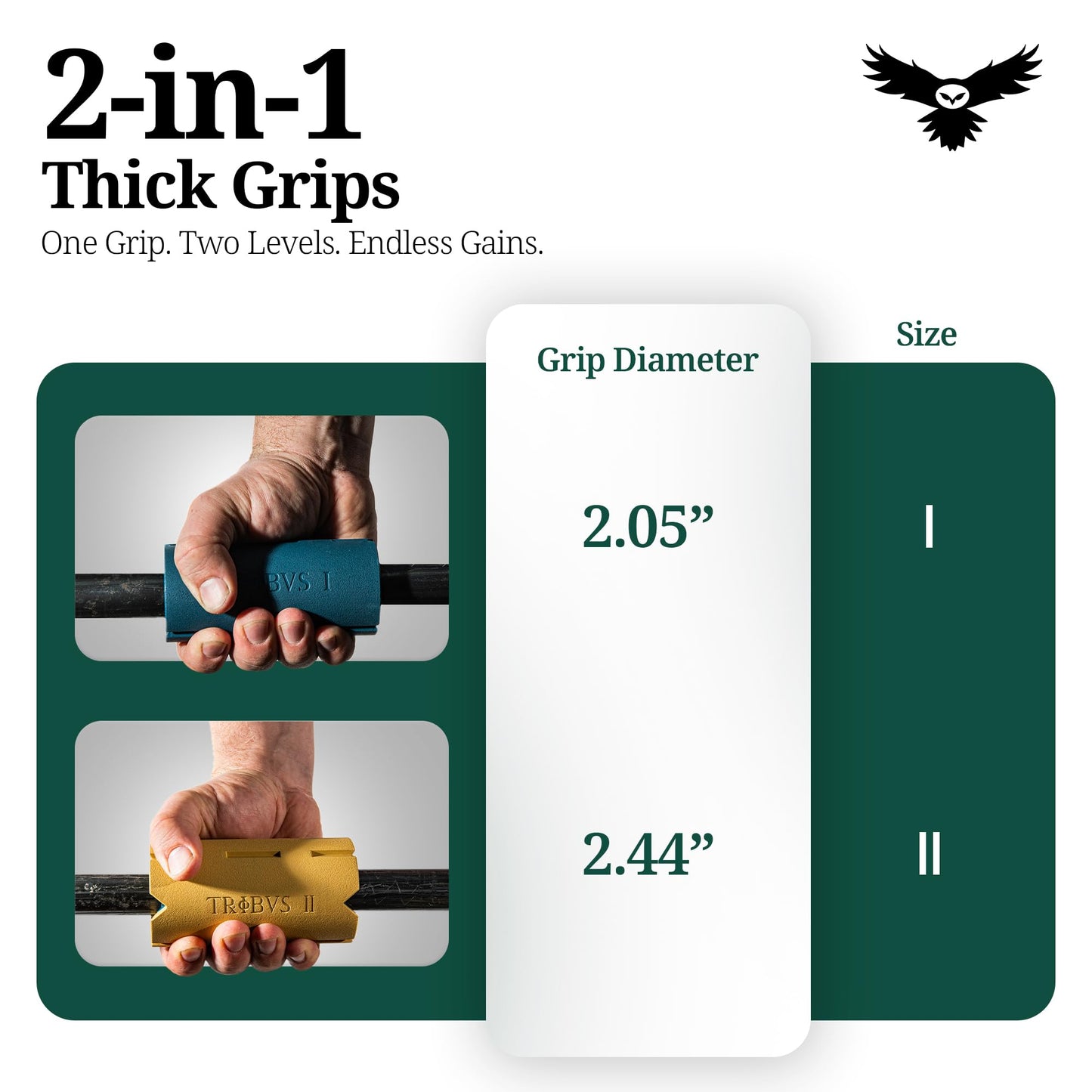 Tribus 2-in-1 Thick Grips for Dumbbells & Barbells (2.05" & 2.44”) — Thick Grips for Dumbbells Bars & Fitness Equipment — For Grip Strength & Arm Training, Non-Slip Heavy Duty Rubber