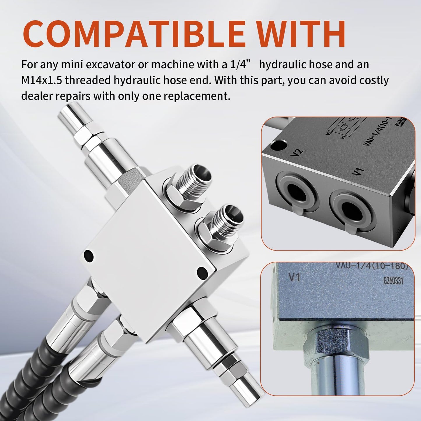 New Mini Excavator Cushion Valve Kit Fit for Any mini Excavator or Machine with a 1/4” Hydraulic Hose and an M14x1.5 Threaded Hydraulic Hose end.