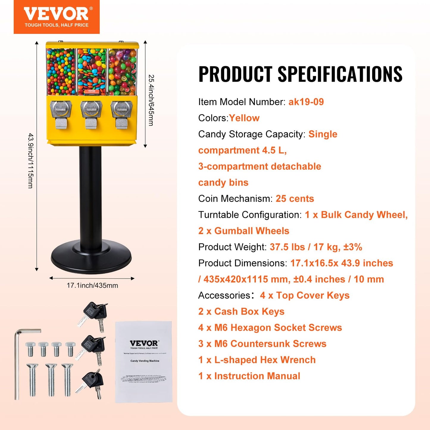 VBENLEM Triple Head Candy Vending Machine, 1-inch Gumball Vending Machine, Commercial Gumball Vending Machine with Stand and Adjustable Candy Outlet Size, Candy Vending Machine for Home, Gaming Stores