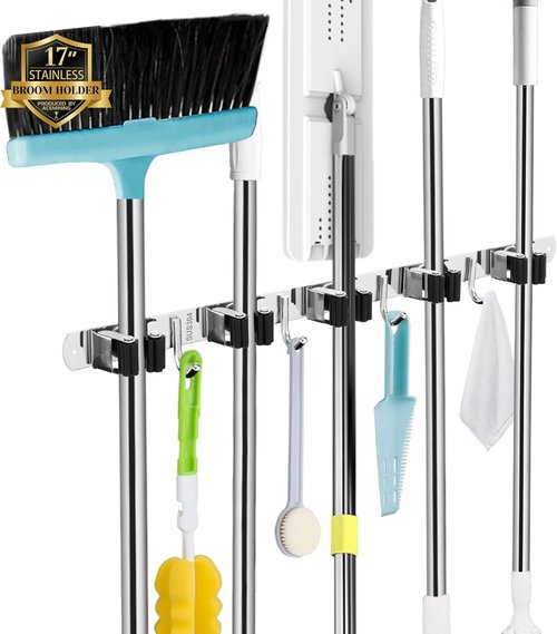 AceMining Wall-Mounted Broom and Mop Holder - 3 Pack with 5 Racks & 4 Heavy-Duty Hooks | Stainless Steel
