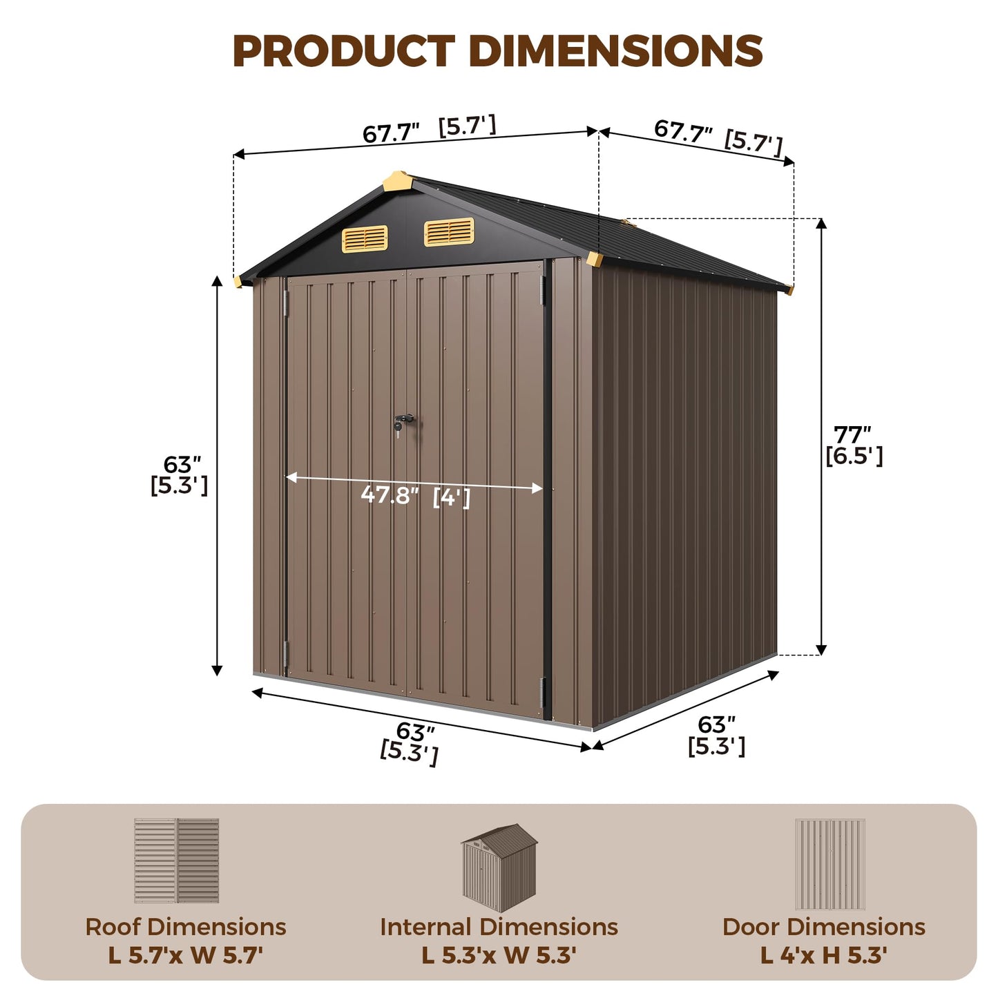 IRONCK 6×6 FT Shed, Galvanized Steel Tool Storage Shed with Lockable Double Doors & Ventilation, Outdoor Utility Storage for Wheelbarrow, Bikes, Yard Bins, Black Brown