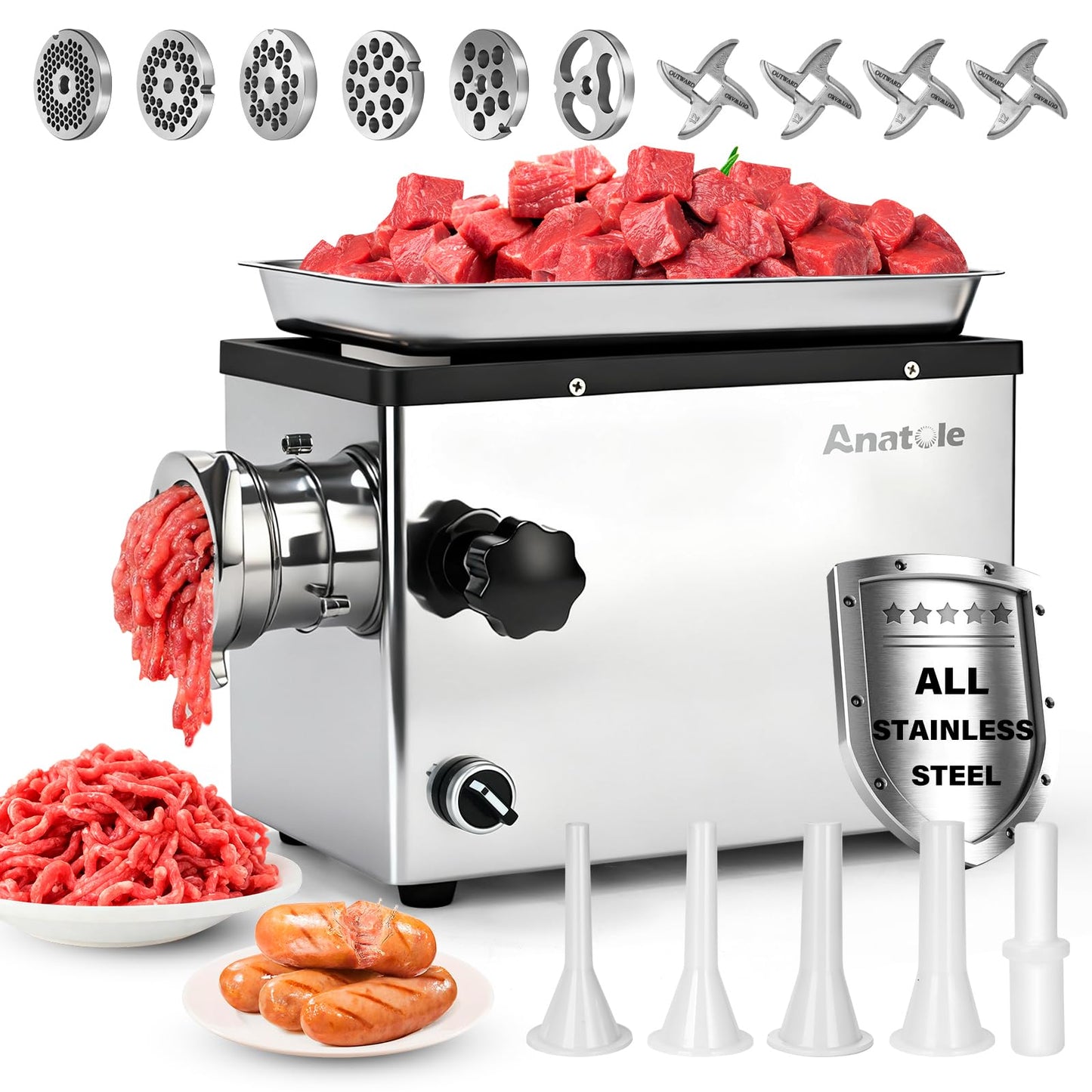 Anatole Commercial Electric Meat Grinder 1.8 HP 1300 W All Stainless Steel Meat Bones Mincer Heavy Duty Sausage Stuffer with 6 Grinding Plates 4 Blades for Restaurant Hotel 110V
