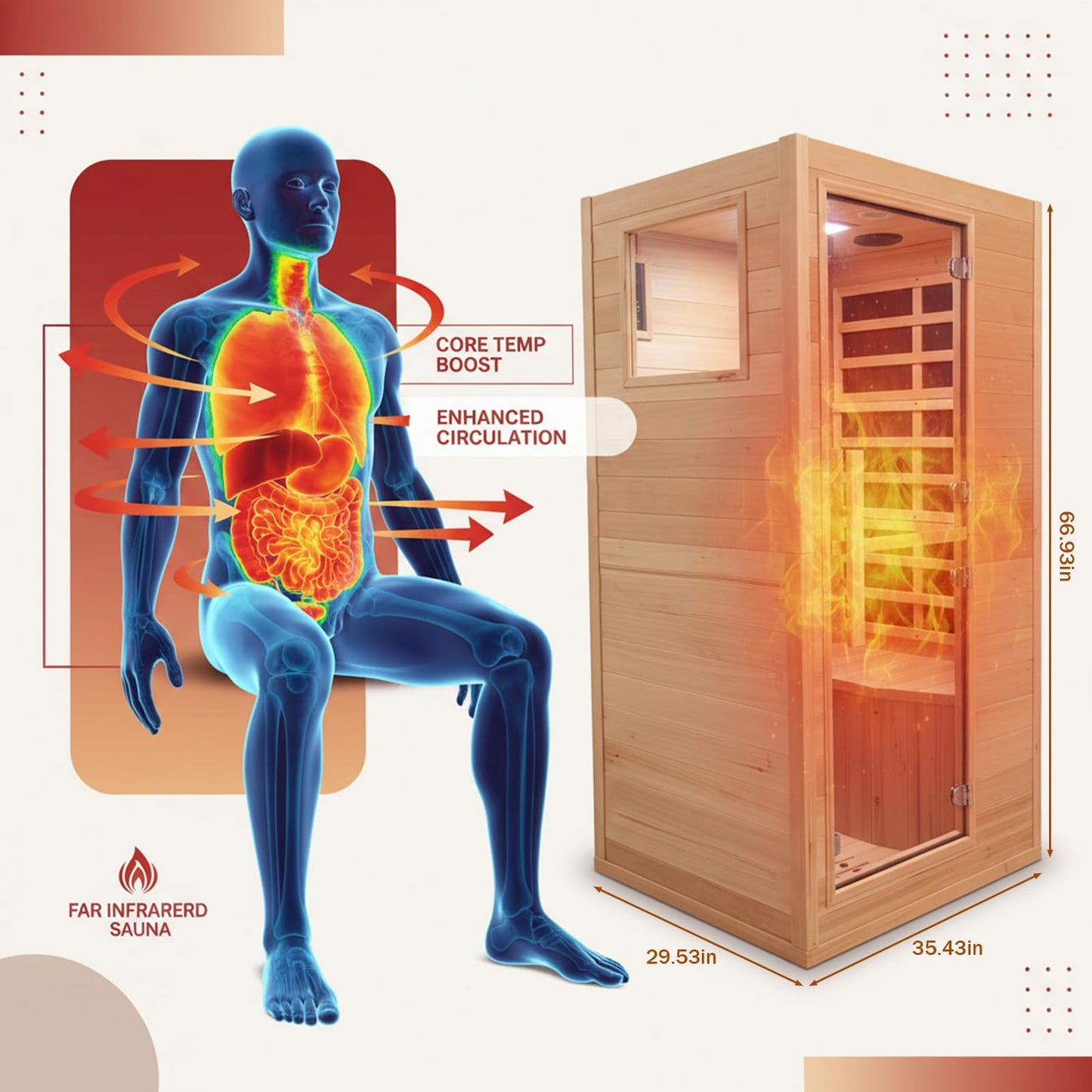 DWKWE 1 Person Low EMF Far Infrared Sauna, Natural Spruce Wood Compact Home Sauna, 1200W 110V, Bluetooth & Reading Light, 6mm Tempered Glass, Small Space Personal Sauna