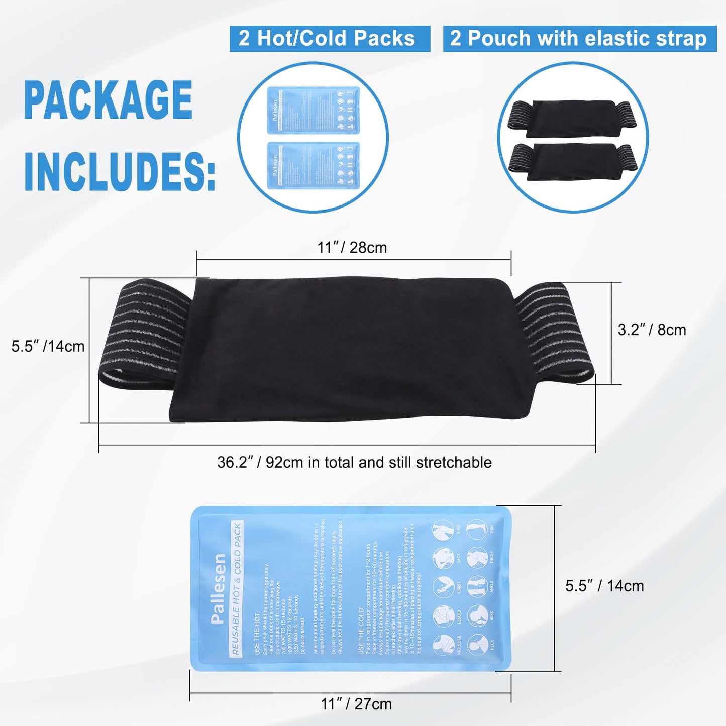 Pallesen Ice Packs, Ice Packs for Injuries Reusable, Cold Packs for Injuries, with Wrap, Flexible Therapy, Soft Gel Pack, Cold Compress for Pain Relief, Blue