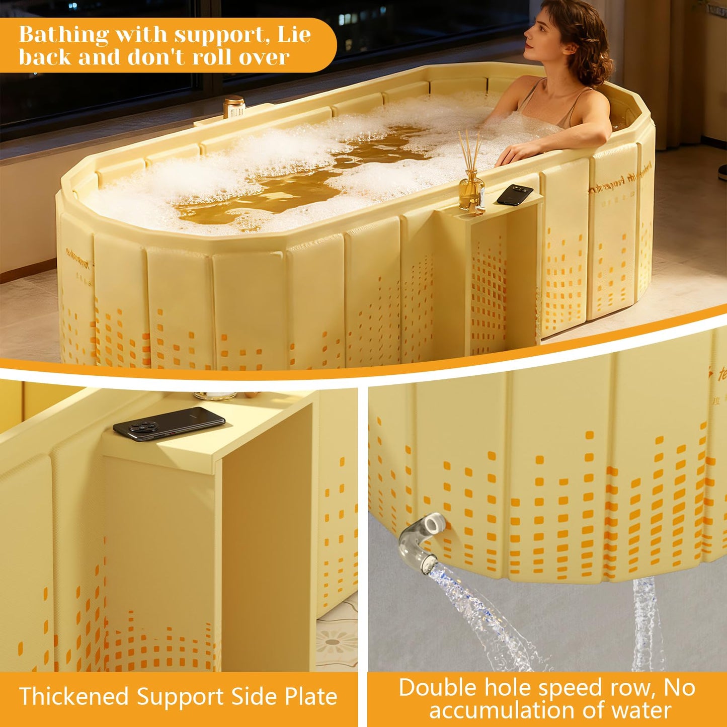 jessie 47 Inches Portable Bathtub, Foldable Ice Bath Tub for Adult, Bathroom Hot SPA Soaking Cold Plunge Tub Freestanding Bathtub Indoor Outdoor Yard (Gold)