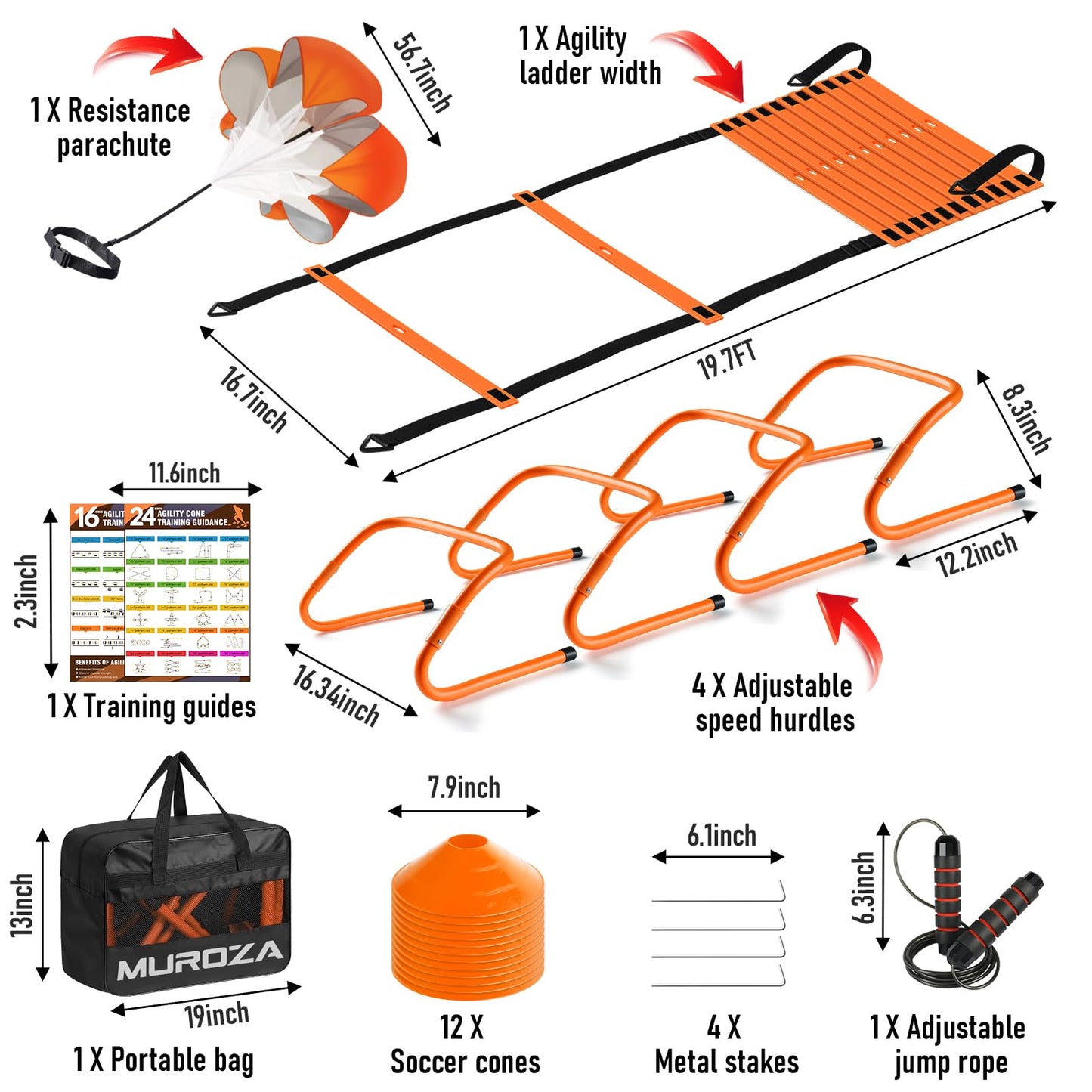 MUROZA Agility Ladder, Agility Speed Training Equipment Set, 20ft Speed Ladder, 12 Soccer Cones, 4 Hurdles, Jump Rope, Running Parachute, Soccer Football Basketball Training Equipment Accessories